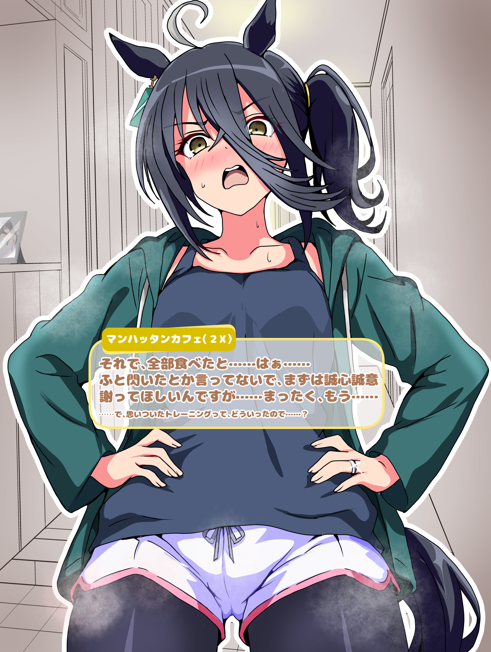 shiroshitogi, manhattan cafe (umamusume), umamusume, highres, 1girl, ahoge, angry, black tank top, drawstring, ear ornament, ear tag, earrings, embarrassed, furrowed brow, green jacket, grey hair, hair between eyes, hallway, hands on own hips, jacket, jewelry, long hair between eyes, long sleeves, multicolored hair, one side up, open clothes, open jacket, pantyhose, pantyhose under shorts, picture frame, ring, short hair, shorts, single earring, solo, steaming body, sweat, tank top, white shorts, yellow eyes