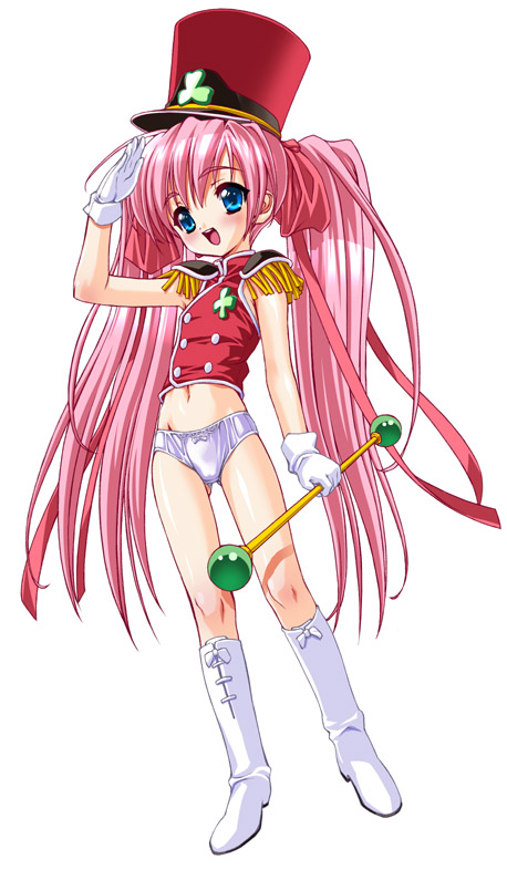 onigawara mao, rikujou boueitai mao-chan, artist request, 00s, 1girl, band uniform, blue eyes, blush, boots, bow, bow panties, clover, epaulettes, female focus, flat chest, four-leaf clover, fringe trim, full body, gloves, hair ribbon, hat, holding baton, long hair, marching band baton, midriff, navel, no pants, open mouth, panties, pink hair, pink ribbon, red hat, red shirt, ribbon, salute, shako cap, shirt, simple background, sleeveless, sleeveless shirt, smile, solo, standing, teeth, twintails, underwear, very long hair, white background, white boots, white bow, white gloves, white panties