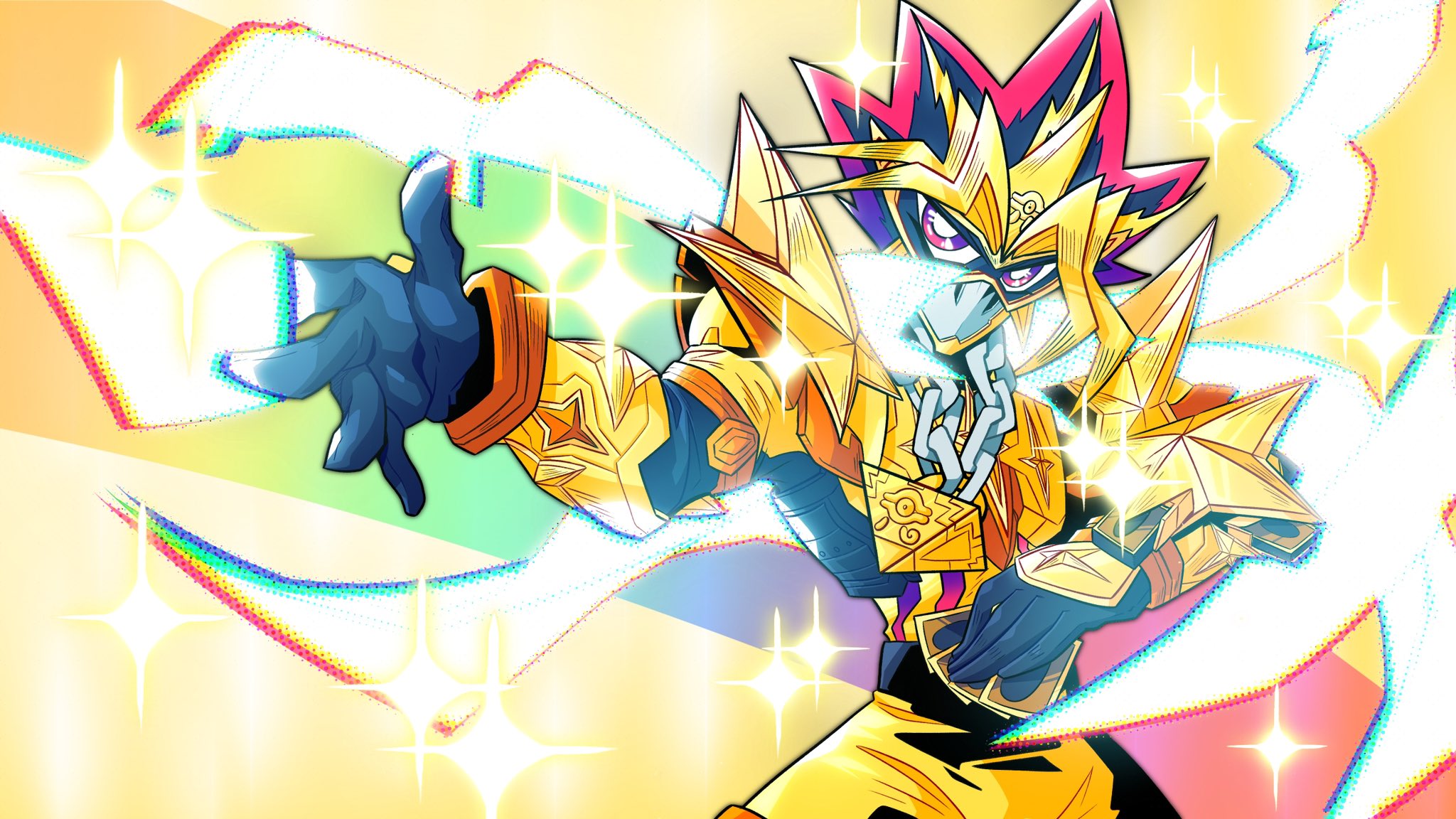 kamen rider ex-aid, kamen rider ex-aid (hyper muteki), yami yugi, kamen rider, kamen rider ex-aid (series), yu-gi-oh!, yu-gi-oh! duel monsters, highres, 1boy, armor, black hair, blonde hair, bodysuit, card, cowboy shot, deck of cards, duel disk, fusion, gold armor, holding, holding card, male focus, millennium puzzle, multicolored hair, nickanger, purple eyes, purple hair, solo, spiked hair, tokusatsu, trading card, trait connection