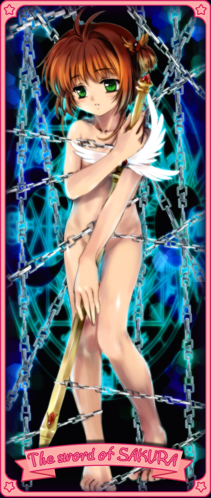 mutsuki (moonknives), clow card, kinomoto sakura, sword (clow card), cardcaptor sakura, kodansha, highres, long image, tall image, 1990s (style), 1girl, barefoot, brown hair, card, card (medium), chain, completely nude, covering privates, feet, female focus, green eyes, knees together feet apart, loli, nude, nude cover, retro artstyle, short hair, solo, sword, toes, weapon
