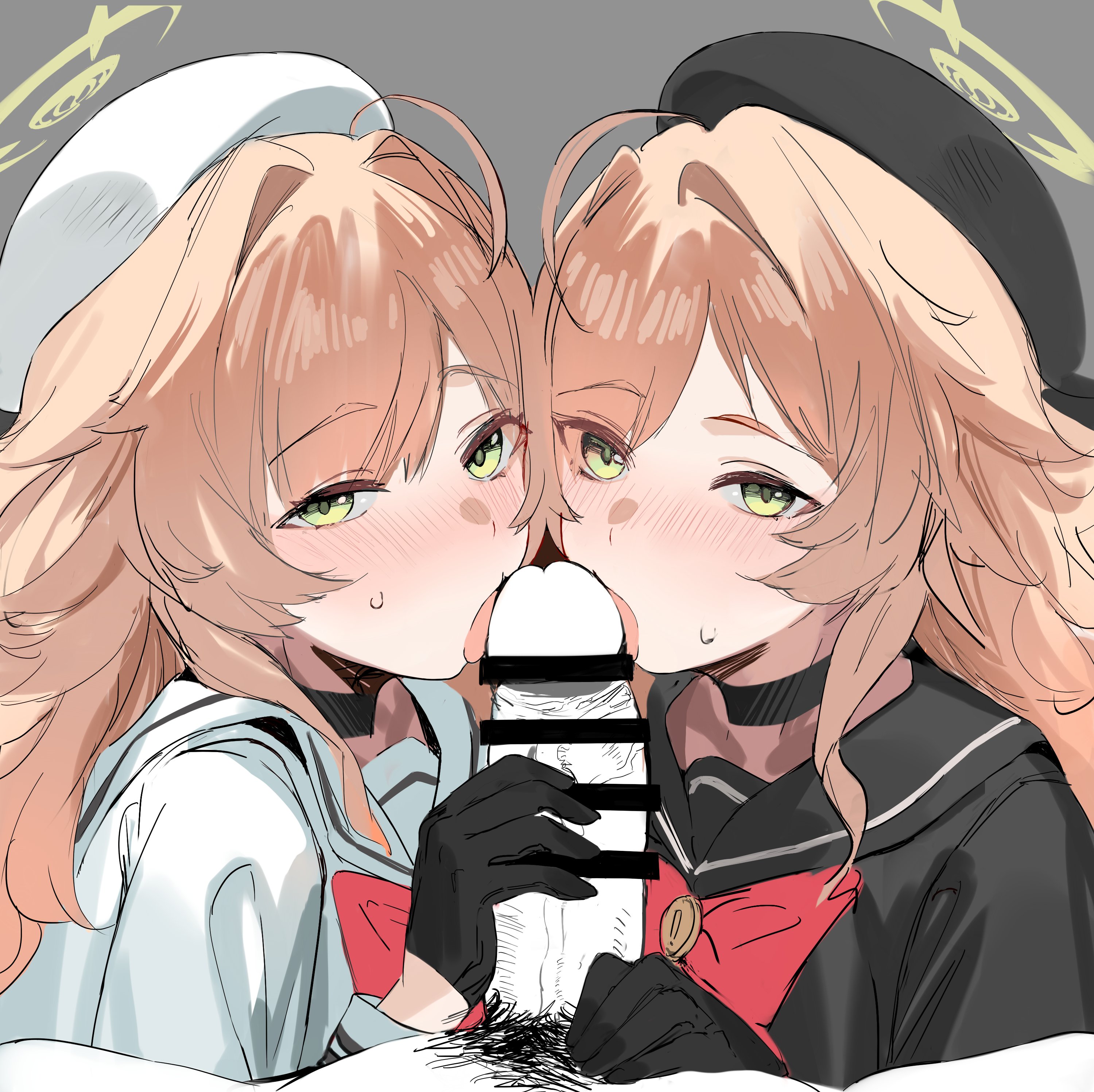 magaeshi, professor niyaniya (blue archive), blue archive, absurdres, highres, 1boy, 2girls, ahoge, bar censor, black choker, black gloves, black hat, black shirt, blonde hair, blush, bow, bowtie, censored, choker, clone, cooperative fellatio, erection, fellatio, ffm threesome, gloves, green eyes, grey background, group sex, halo, hat, hetero, licking, licking penis, long hair, long sleeves, looking at viewer, multiple girls, oral, penis, pov, red bow, red bowtie, shirt, simple background, teamwork (sexual), threesome, white shirt, yellow halo