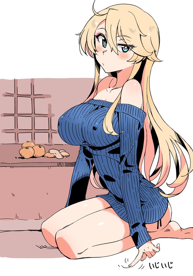 kusanagi tonbo, iowa (kancolle), kantai collection, commentary request, 1girl, ahoge, barefoot, blonde hair, blue dress, blue eyes, blue sweater, breasts, covered erect nipples, dress, food, fruit, hair flaps, large breasts, long hair, mandarin orange, off-shoulder sweater, off shoulder, ribbed sweater, short dress, solo, sweater, sweater dress