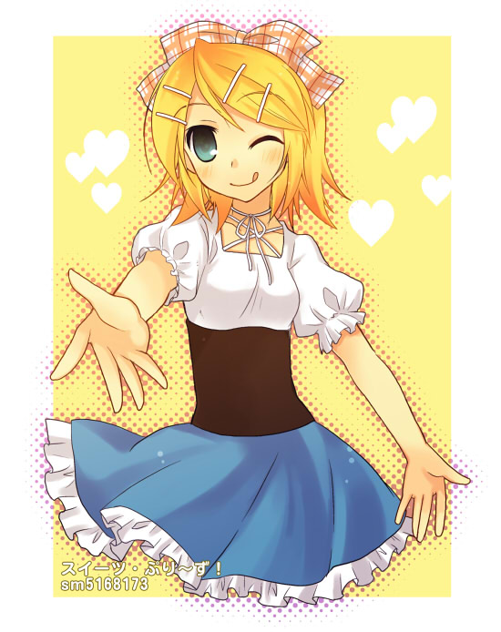 tamura hiro, kagamine rin, vocaloid, ;p, blonde hair, dress, one eye closed, short hair, solo, tongue, tongue out, wink