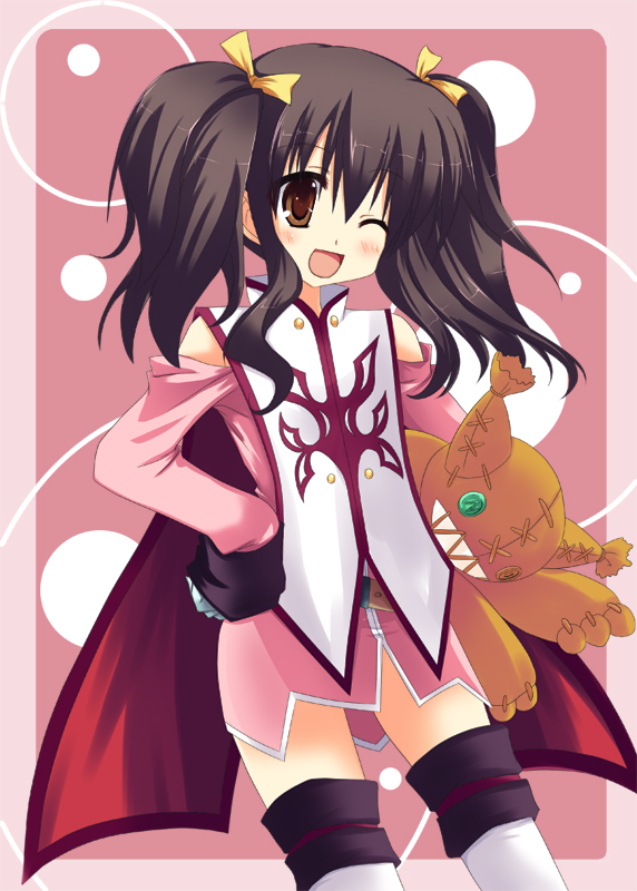 akane souichi, anise tatlin, tokunaga (tales), tales of (series), tales of the abyss, bad id, bad pixiv id, 00s, 1girl, ;d, bare shoulders, belt, blush, bow, brown eyes, brown hair, cape, clothing cutout, cowboy shot, detached sleeves, female focus, gloves, hair bow, hand on own hip, long hair, long sleeves, looking at viewer, one eye closed, open mouth, pink background, red cape, shoulder cutout, sidelocks, simple background, sleeves past wrists, smile, solo, standing, stitches, stuffed toy, tabard, tareme, thighhighs, twintails, white gloves, yellow bow