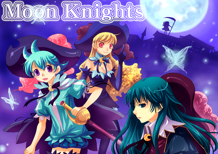 bf. (sogogiching), archived source, official art, 4girls, aqua hair, aqua shirt, aqua sleeves, blonde hair, blue shorts, blue sleeves, breasts, bug, building, butter, butterfly, cape, cavalier hat, cleavage, copyright name, crescent, crescent brooch, detached collar, dress, earrings, elbow gloves, english text, flipped hair, food, full moon, gloves, green eyes, green hair, hair behind ear, hat, holding, holding scythe, insect, jewelry, jin so-hee, lee seula, light particles, lips, long hair, medium breasts, moon, moon knights, multiple girls, musketeer, neck ribbon, nose, plume, pointing, pointing up, profile, puff and slash shorts, puffy short sleeves, puffy sleeves, purple background, purple cape, purple dress, purple eyes, purple gloves, purple hat, purple ribbon, purple thighhighs, red eyes, ribbon, ryu hana, sayuri (moon knights), scythe, shirt, short dress, short hair, short sleeves, shorts, silhouette, straight hair, strapless, strapless dress, thighhighs, unworn headwear, white butterfly, wing collar