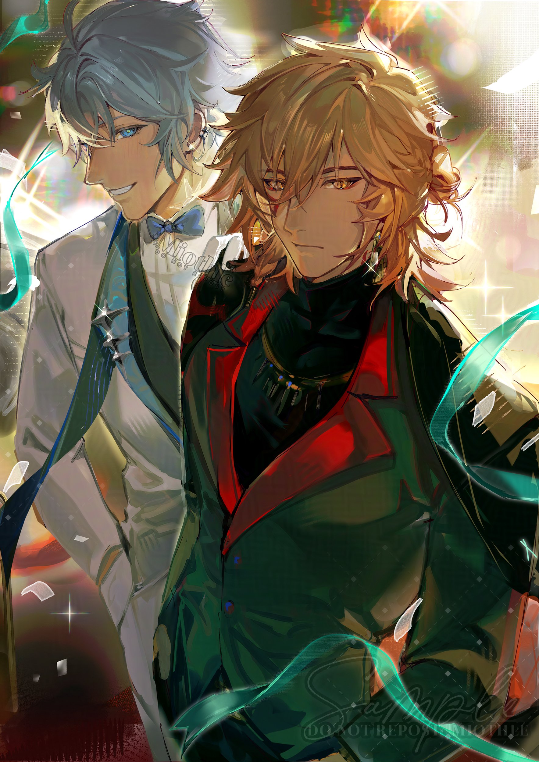 miothle, mydei (honkai: star rail), phainon (honkai: star rail), honkai: star rail, honkai (series), absurdres, commentary, english commentary, highres, 2boys, antenna hair, black jacket, black pants, black shirt, black vest, blonde hair, blue bow, blue bowtie, blue eyes, bow, bowtie, braid, earrings, facial tattoo, gold earrings, gradient hair, hand in pocket, jacket, jewelry, lapels, male focus, medium hair, multicolored hair, multiple boys, neck tattoo, necklace, pants, parted bangs, red hair, red tattoo, shirt, short hair, side braid, sun symbol, sun tattoo, tan, tattoo, vest, white hair, white jacket, white pants, yellow eyes