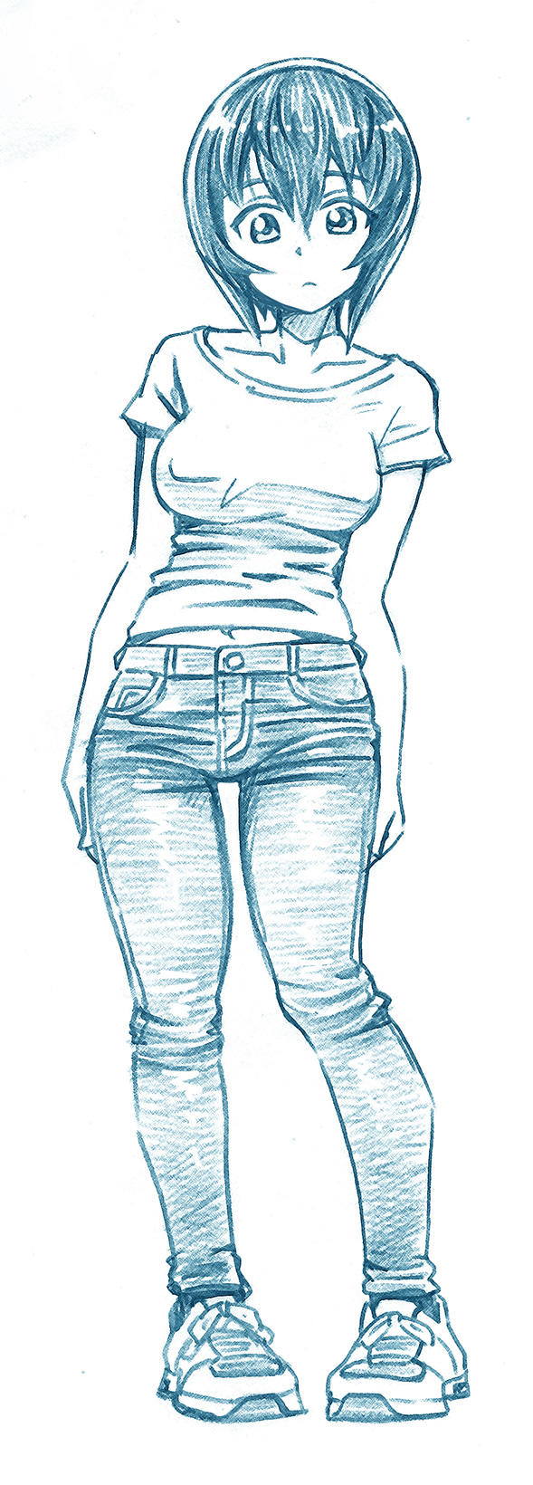 bbb (friskuser), nishizumi maho, original, highres, 1girl, blue theme, breasts, casual, denim, full body, greyscale, jeans, looking at viewer, monochrome, pants, shirt, shoes, short hair, short sleeves, solo, standing, t-shirt