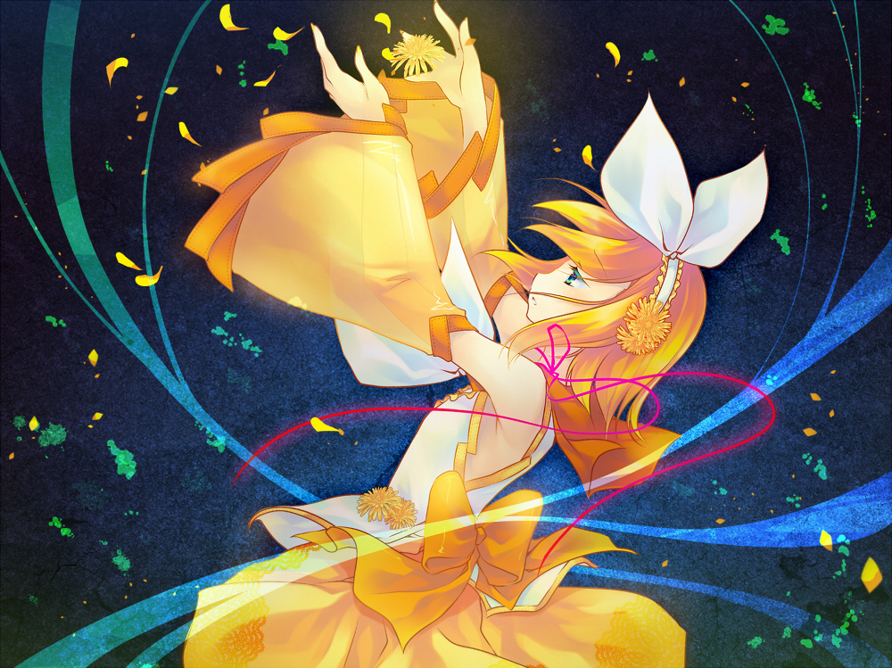 shinia, kagamine rin, vocaloid, blonde hair, blowers, blue eyes, detached sleeves, dress, flower, solo