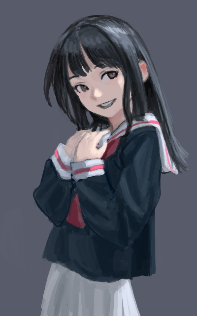 original, 1girl, black hair, black shirt, brown eyes, cowboy shot, gosari draw, grey background, grin, long hair, long sleeves, looking at viewer, own hands clasped, own hands together, pleated skirt, red eyes, sailor collar, school uniform, serafuku, shirt, simple background, skirt, smile, solo