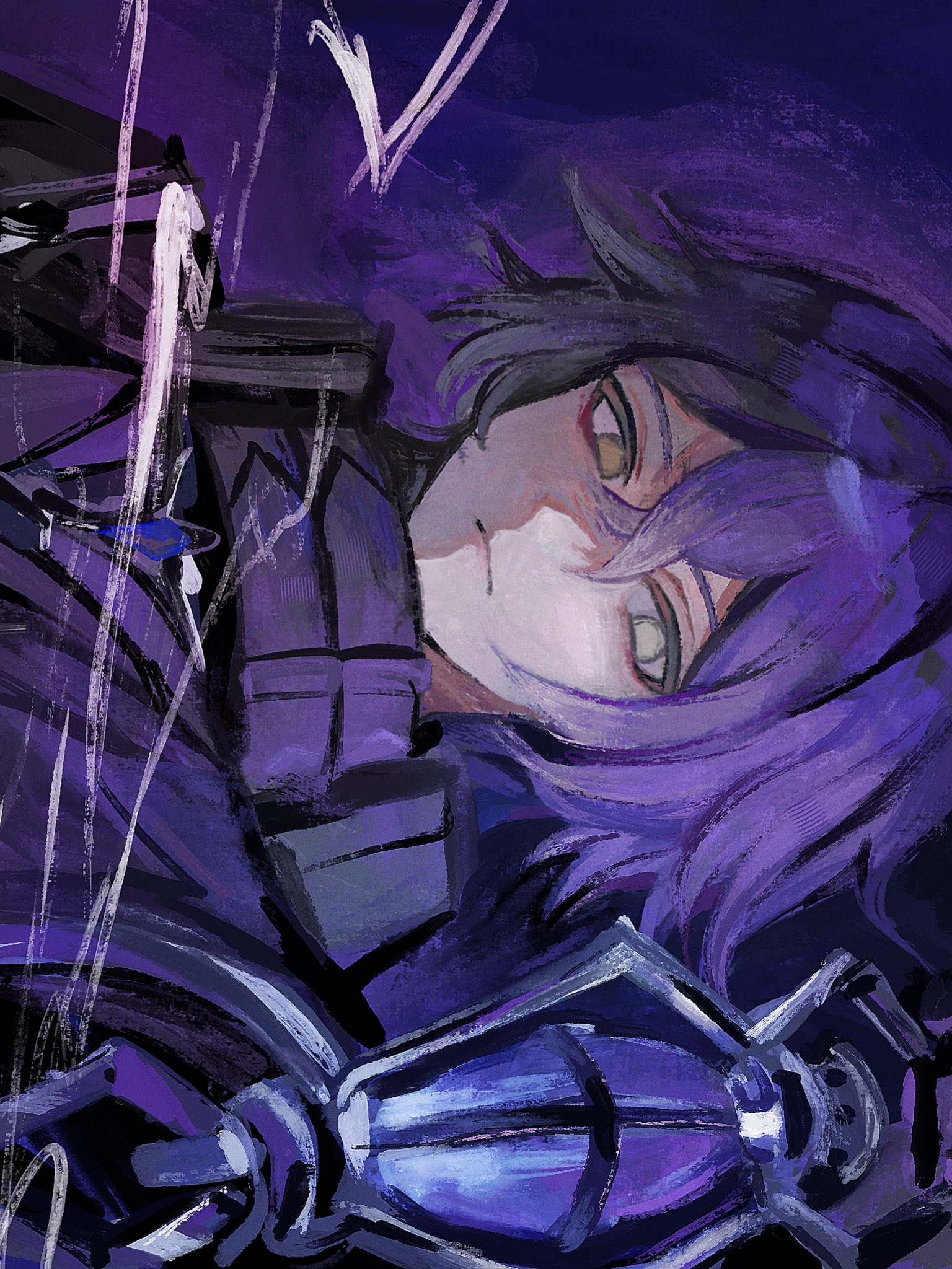 flins (genshin impact), genshin impact, commentary request, highres, 1boy, arms up, black coat, blue hair, closed mouth, coat, collared coat, crossed bangs, double-parted bangs, empty eyes, frown, higashimotinazu, lantern, looking to the side, male focus, purple theme, sideways glance, solo, yellow eyes