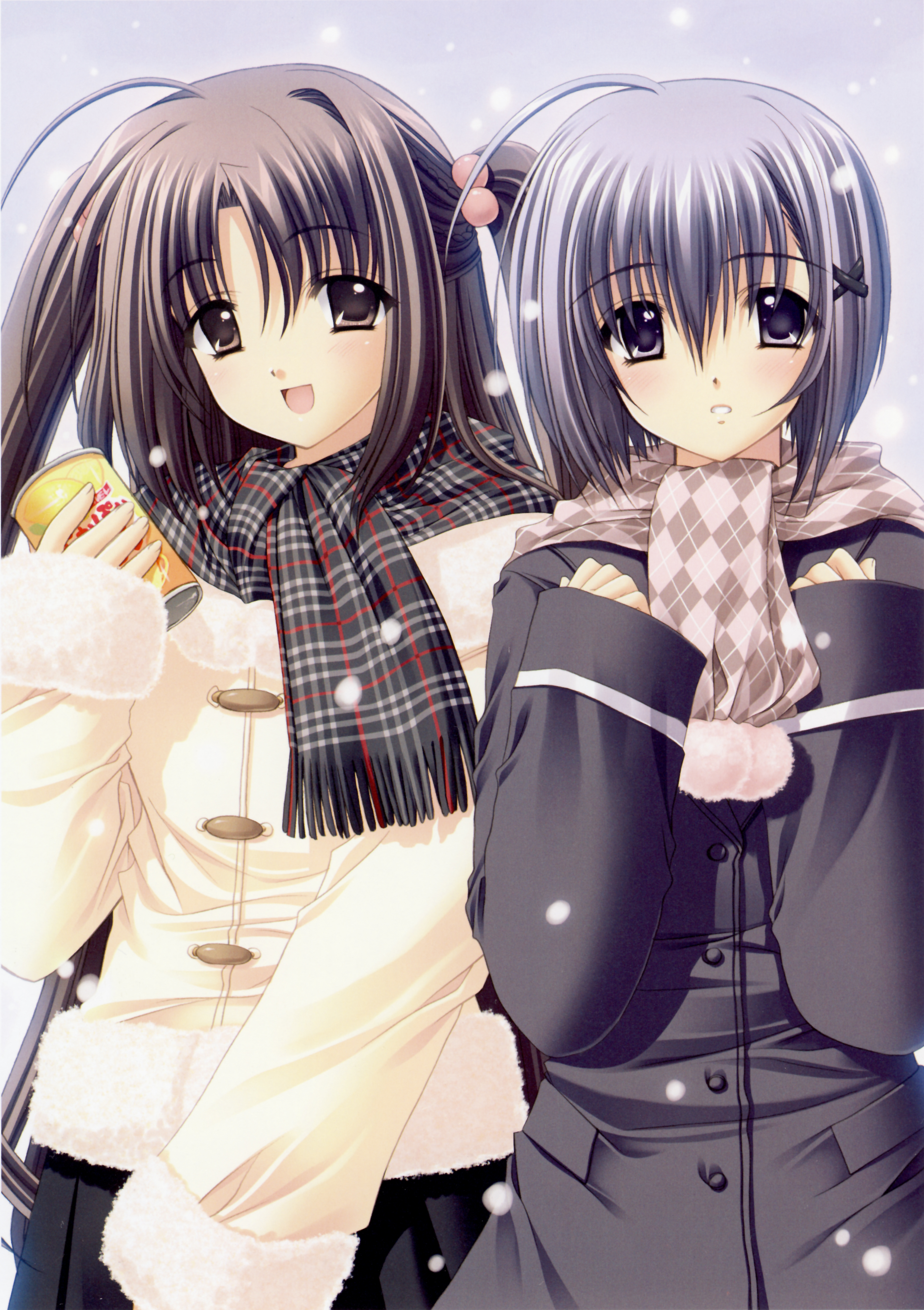 nishimata aoi, watarai asuka, yamashina miyako, oretachi ni tsubasa wa nai, absurdres, highres, 2girls, brown eyes, brown hair, multiple girls, purple eyes, purple hair, scarf, snow