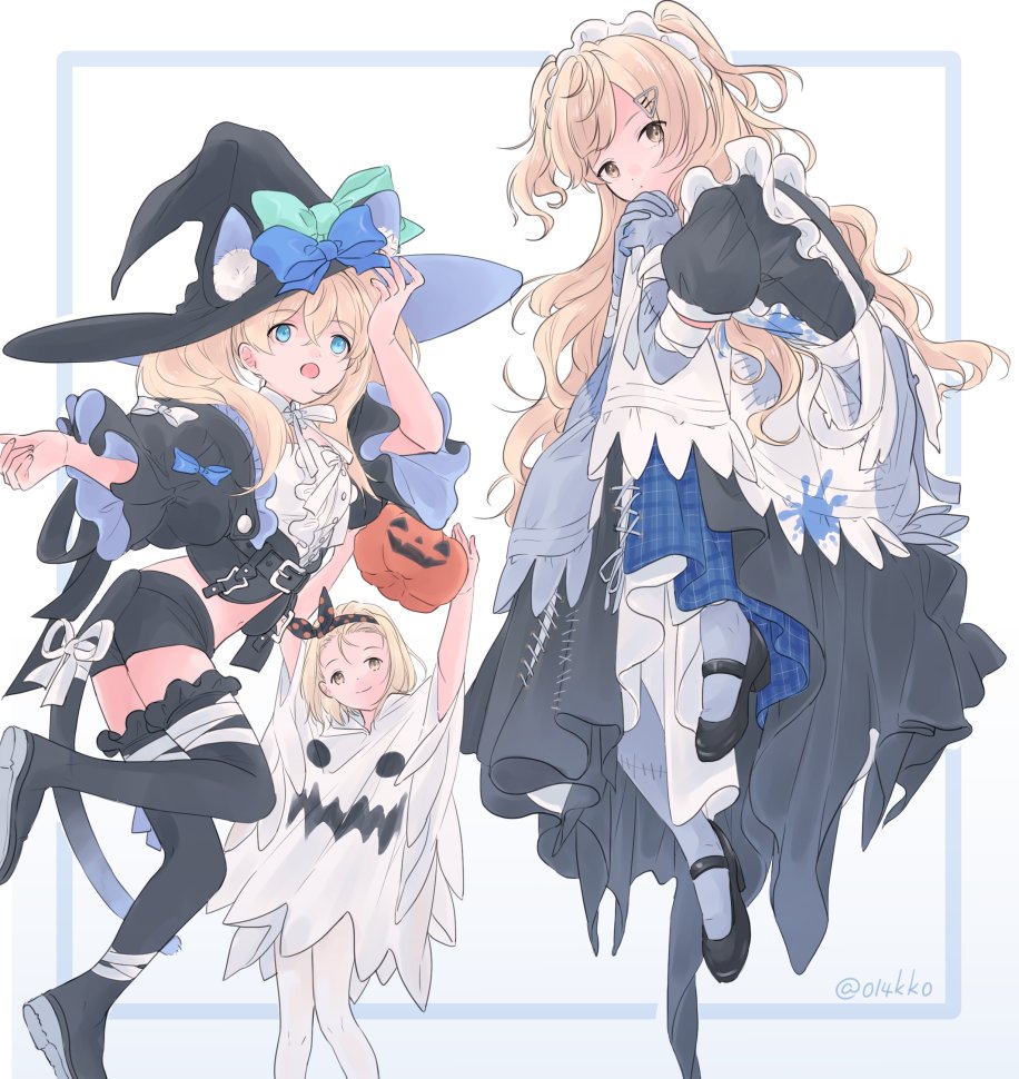 kokko (014kko), gambier bay (halloween) (kancolle), gambier bay (kancolle), i-504 (kancolle), luigi torelli (halloween) (kancolle), luigi torelli (kancolle), minneapolis (halloween) (kancolle), minneapolis (kancolle), kantai collection, 3girls, animal ear fluff, animal ears, apron, bandages, black dress, black hat, black shoes, black shorts, black thighhighs, blonde hair, blue eyes, blue ribbon, brown eyes, cat ears, cat tail, dress, dress shirt, frilled jacket, frilled thighhighs, frills, ghost costume, gloves, grey gloves, halloween costume, hat, jacket, maid headdress, mary janes, multiple girls, pantyhose, patchwork skin, ribbon, shirt, shoes, shorts, tail, thighhighs, twintails, two side up, wavy hair, white apron, white pantyhose, white shirt, witch hat
