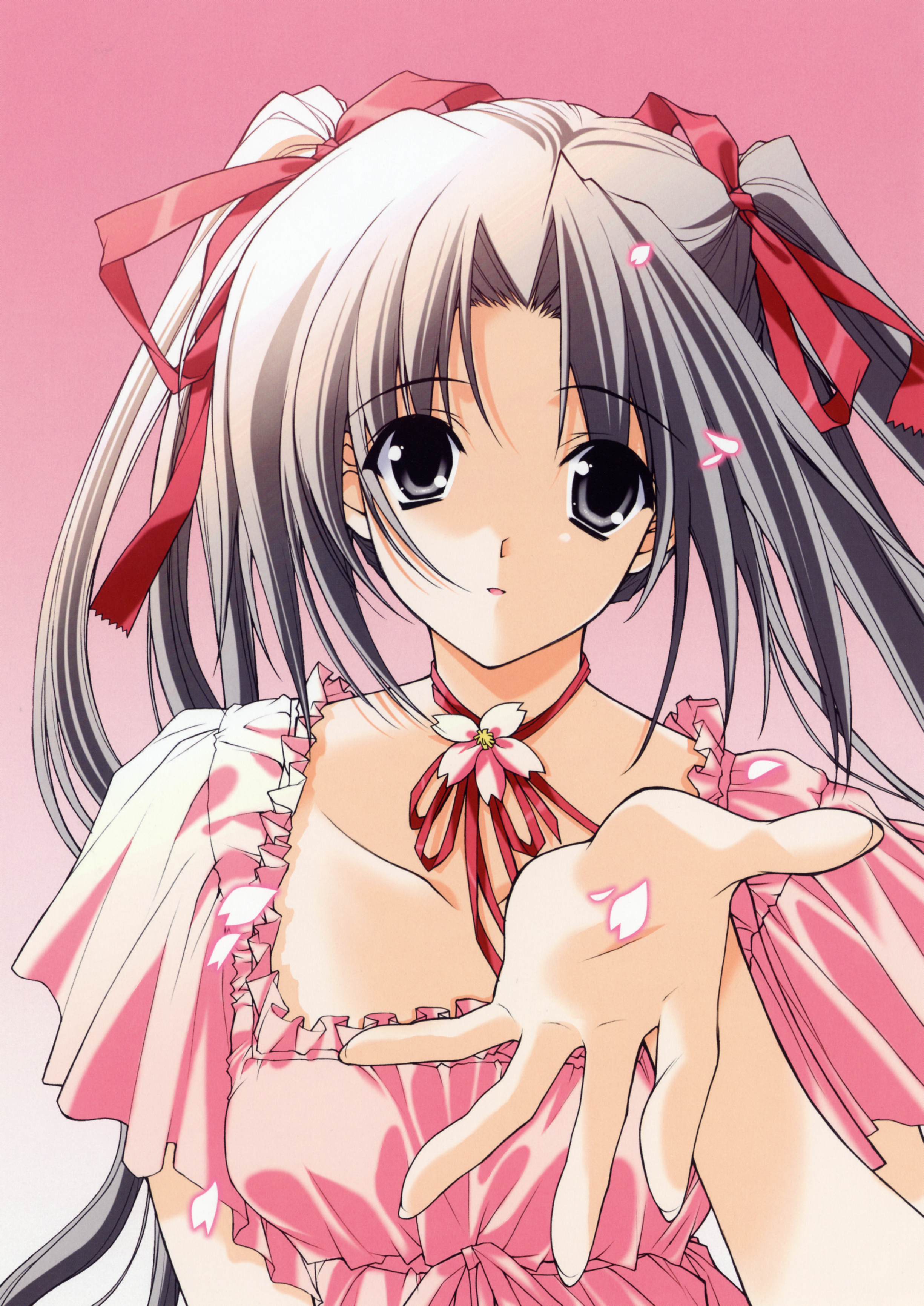 suzuhira hiro, original, absurdres, highres, 1girl, female focus, grey eyes, grey hair, hair ribbon, neck ribbon, outstretched hand, petals, ribbon, solo, twintails