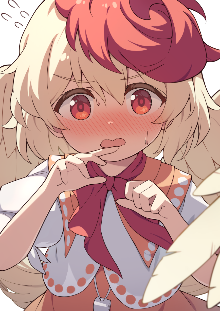 hiyaya (kochi michikaze), niwatari kutaka, touhou, commentary request, highres, 1girl, bird girl, bird wings, blonde hair, blush, capelet, dress, flying sweatdrops, hands up, looking at viewer, multicolored hair, nose blush, open mouth, orange dress, red eyes, red hair, short sleeves, simple background, solo, sweatdrop, two-tone hair, upper body, whistle, white background, white capelet, wings