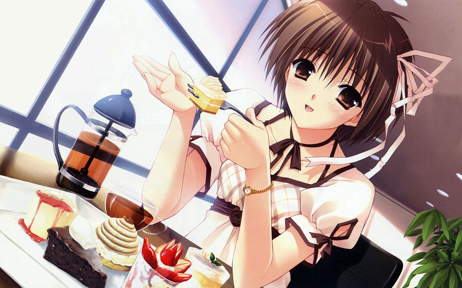 suzuhira hiro, daiba minato, marriage royale, highres, scan, 1girl, brown eyes, brown hair, dress, female focus, food, hair ribbon, ribbon, short hair, solo