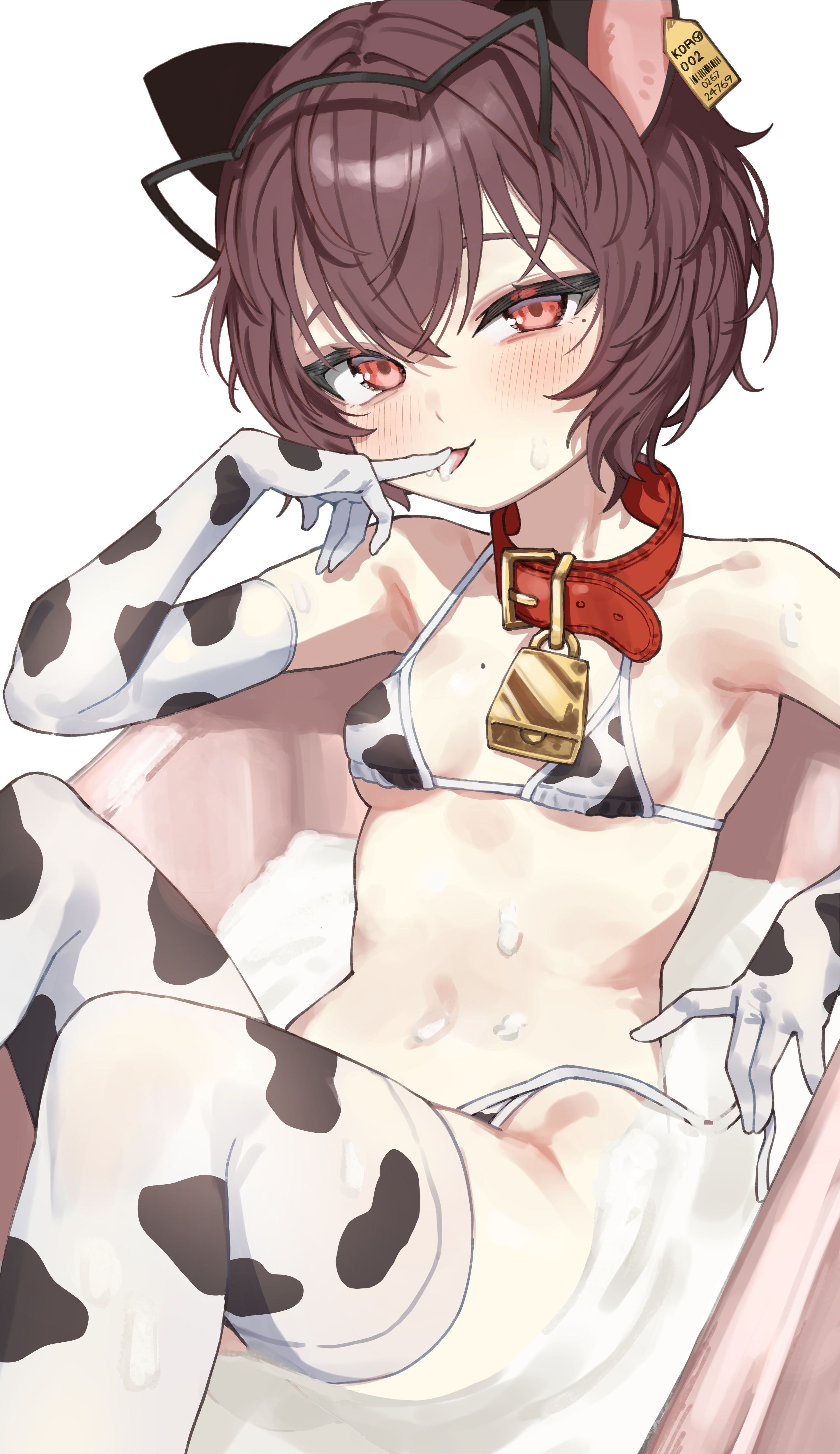 hanakonenne, prunechi, original, absurdres, commission, highres, 1girl, animal collar, animal ear hairband, animal ears, animal print, barcode, bathtub, bell, belt collar, bikini, black hairband, blush, breasts, brown hair, cat ear hairband, cat ears, collar, cow print, cow print bikini, cow print gloves, cow print thighhighs, cowbell, ear tag, elbow gloves, fake animal ears, feet out of frame, finger to mouth, gloves, hairband, half-closed eyes, hand up, head tilt, in bathtub, licking, licking own finger, looking at viewer, mole, mole on breast, mole under eye, navel, neck bell, print bikini, print gloves, print thighhighs, raised eyebrows, red collar, red eyes, short hair, simple background, small breasts, solo, suggestive fluid, swimsuit, thighhighs, tongue, tongue out, undressing, wet, white background, white bikini, white gloves, white thighhighs
