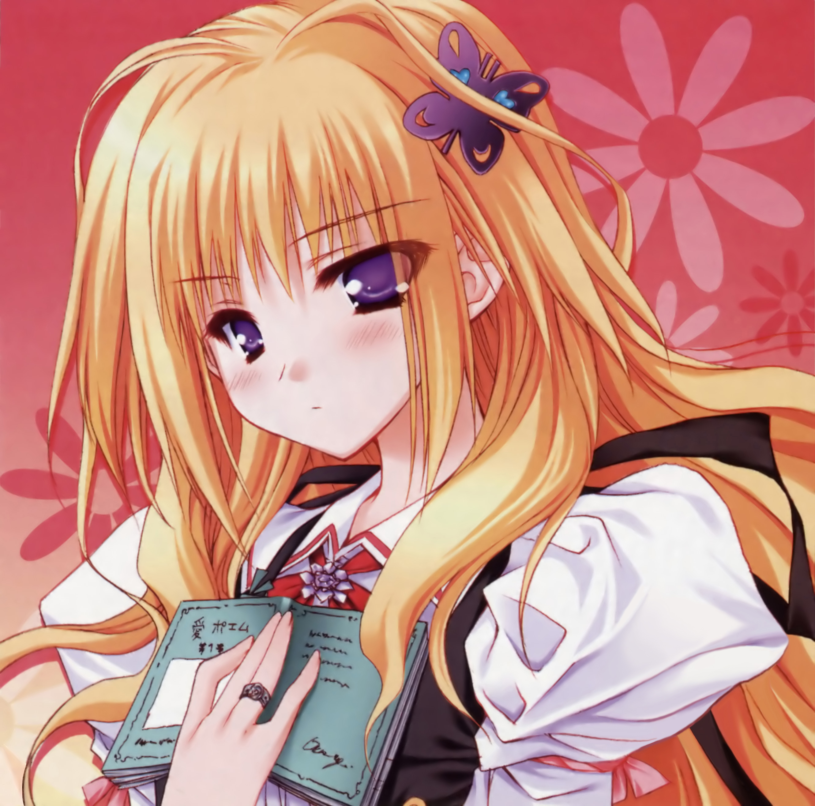 moekibara fumitake, kisaragi mifuyu, tayutama, absurdres, highres, 00s, blonde hair, blush, book, hair ornament, hairclip, purple eyes, school uniform, solo