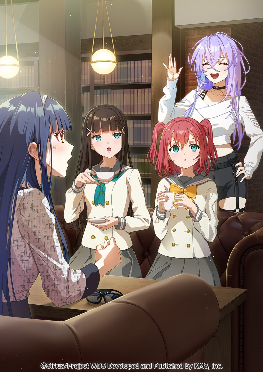 themis (themis adgjm), kurosawa dia, kurosawa ruby, renjakuno hatsumi, senju koyomi, love live!, love live! sunshine!!, world dai star, highres, official art, 4girls, aqua eyes, black hair, blue hair, blunt bangs, chair, choker, closed eyes, food, green eyes, hair ornament, indoors, long hair, long sleeves, mole, mole under mouth, multiple girls, open mouth, pantyhose, purple hair, red hair, school uniform, serafuku, siblings, sisters, sitting, skirt, two side up, uranohoshi school uniform