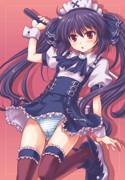 takumi namuchi, kooh (pangya), pangya, long hair, maid, panties, purple hair, red eyes, striped clothes, striped panties, thighhighs, twintails, underwear, wrist cuffs