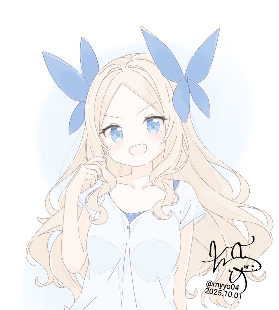 chame (myyo04), asakaze (kancolle), kantai collection, 1girl, alternate costume, artist logo, blue bow, blue camisole, blue eyes, bow, brown hair, camisole, dated, forehead, hair bow, layered clothes, logo, long hair, one-hour drawing challenge, parted bangs, shirt, solo, twitter username, upper body, v-shaped eyebrows, white shirt