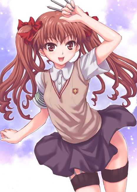 takumi namuchi, shirai kuroko, toaru kagaku no railgun, toaru majutsu no index, 00s, 1girl, armband, between fingers, brown eyes, brown hair, female focus, green armband, holding, school uniform, solo, sweater vest, thigh strap, thighs, twintails, vest