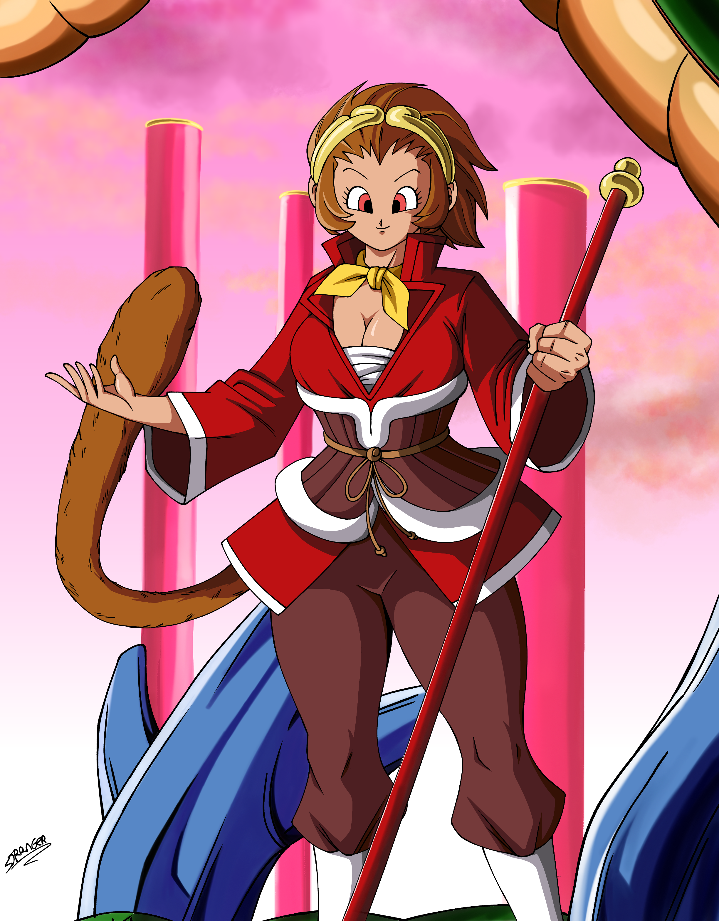 sonson, dragon ball, marvel vs. capcom, marvel vs. capcom 2, absurdres, commentary, english commentary, highres, 1girl, artist name, ascot, bo staff, breasts, brown hair, brown pants, circlet, cleavage, cloud, dragon, dragon horns, haramaki, holding, holding staff, horns, large breasts, looking at viewer, medium hair, monkey girl, monkey tail, pants, parody, pillar, pink sky, red eyes, red shirt, sarashi, shirt, sidelocks, signature, sky, solo, staff, strangermen, style parody, tail, toriyama akira (style), yellow ascot