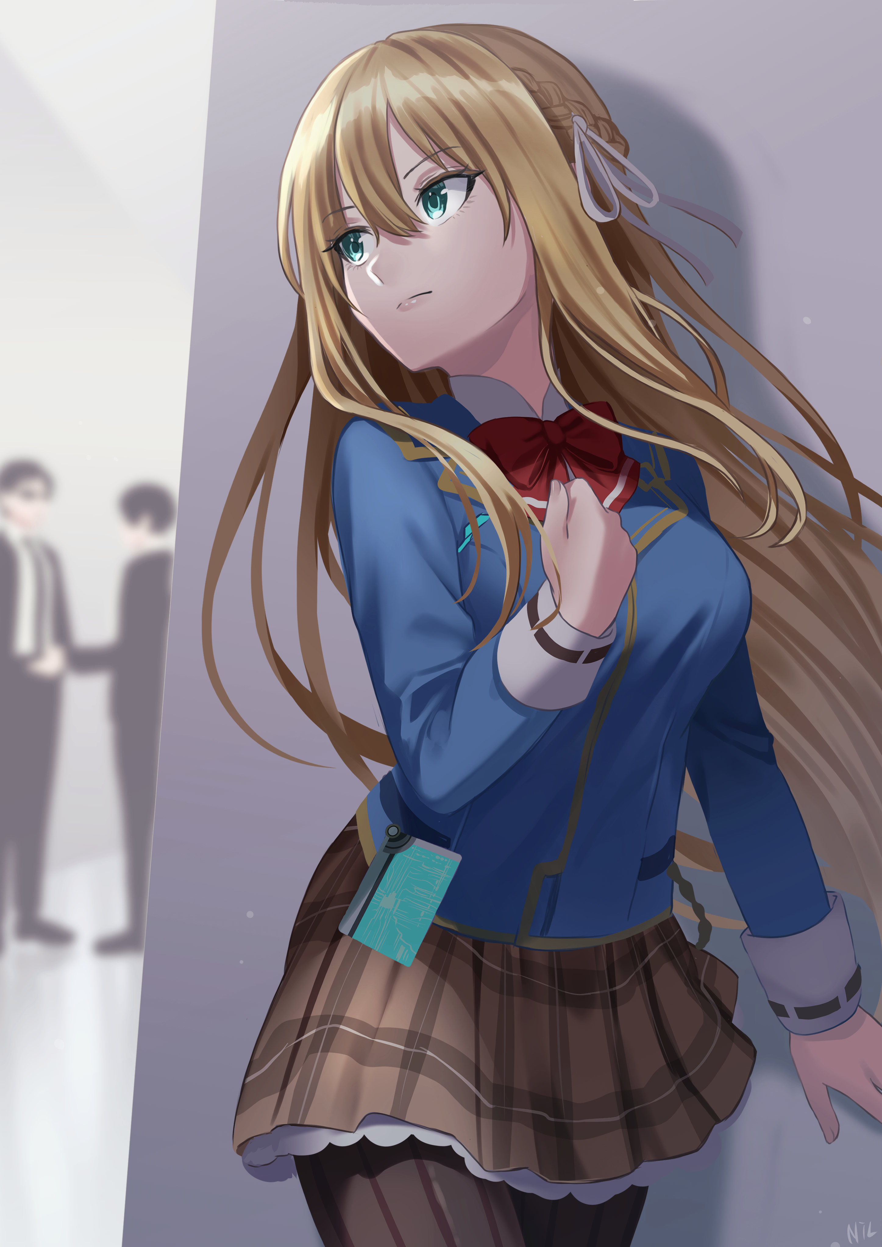 nil (pixiv 53614557), toujou tsukasa, heaven burns red, absurdres, highres, 1girl, 2boys, blonde hair, blue jacket, bow, bowtie, braid, breasts, brown skirt, closed mouth, green eyes, hair between eyes, hair ribbon, jacket, long hair, long sleeves, looking to the side, multiple boys, pantyhose, plaid clothes, plaid skirt, pleated skirt, red bow, red bowtie, ribbon, school uniform, skirt, solo focus, standing, striped clothes, striped pantyhose, striped skirt, vertical-striped clothes, vertical-striped pantyhose, white ribbon