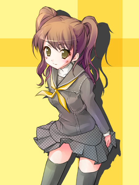 takoyaki (roast), kujikawa rise, atlus, persona, persona 4, brown hair, school uniform, solo, thighhighs, twintails, zettai ryouiki