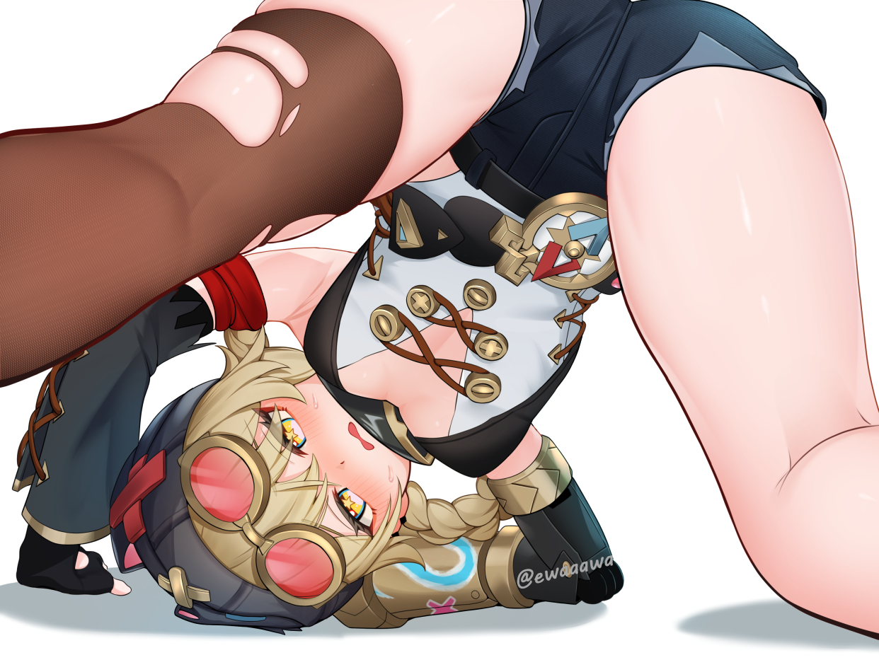 ewaaawa, jahoda (genshin impact), genshin impact, commentary request, 1girl, ass, black gloves, black shorts, blonde hair, blush, braid, braided hair rings, breasts, center opening, eyewear on head, gloves, hair rings, kneepits, looking at viewer, open mouth, pink-tinted eyewear, short shorts, shorts, single thighhigh, small breasts, solo, star-shaped pupils, star (symbol), symbol-shaped pupils, thighhighs, thighs, tinted eyewear, torn clothes, torn thighhighs, upside-down, white background, yellow eyes