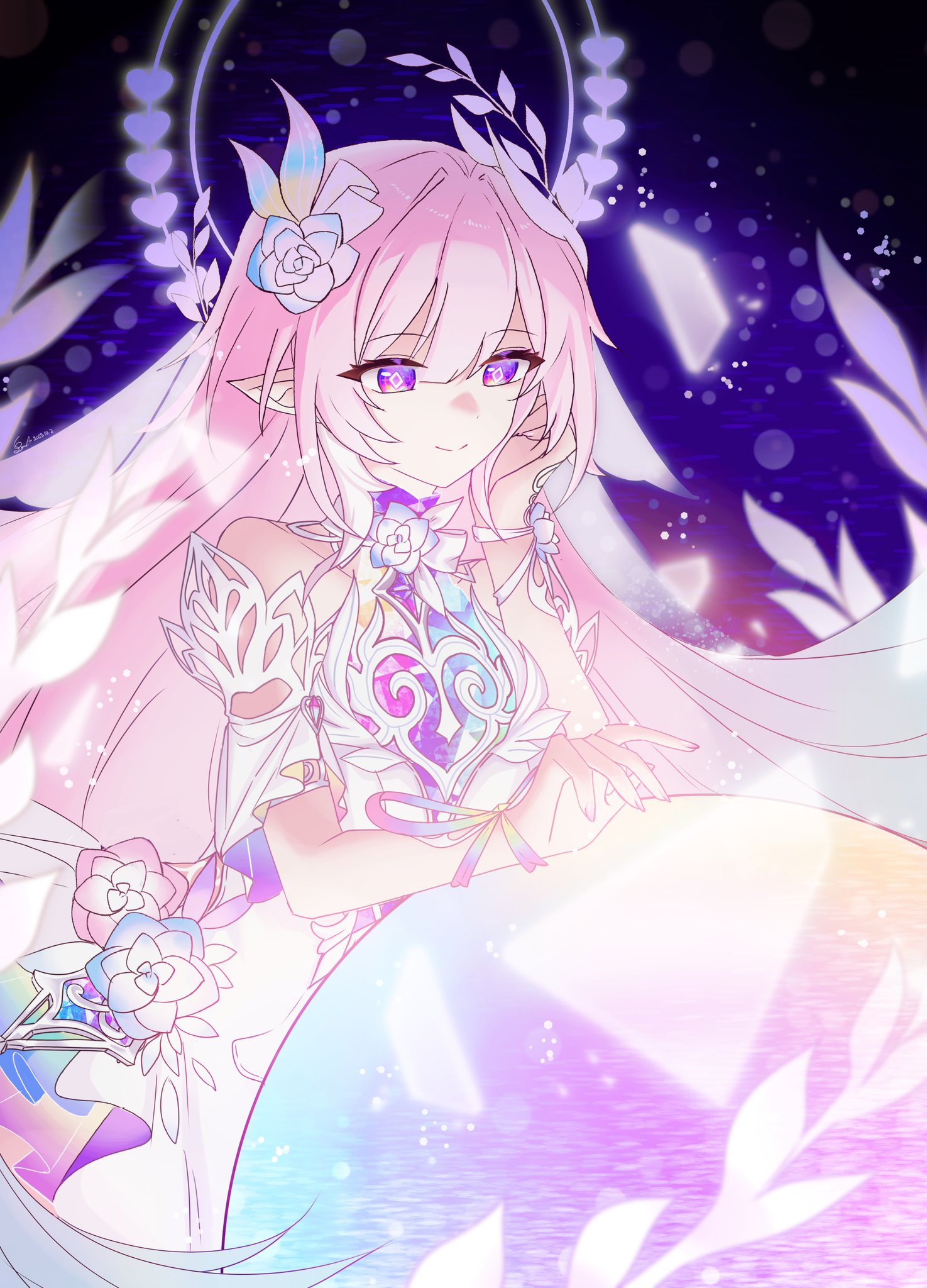 cyrene (honkai: star rail), cyrene (ripples of past reverie) (honkai: star rail), honkai: star rail, honkai (series), hashtag-only commentary, highres, 1girl, bare shoulders, breasts, bridal veil, detached sleeves, diamond-shaped pupils, diamond (shape), dress, flower, hair flower, hair ornament, halo, large breasts, long hair, multicolored hair, orb, pink hair, pointy ears, purple eyes, smile, solo, suholing3, symbol-shaped pupils, two-tone hair, veil, very long hair, white dress, white hair