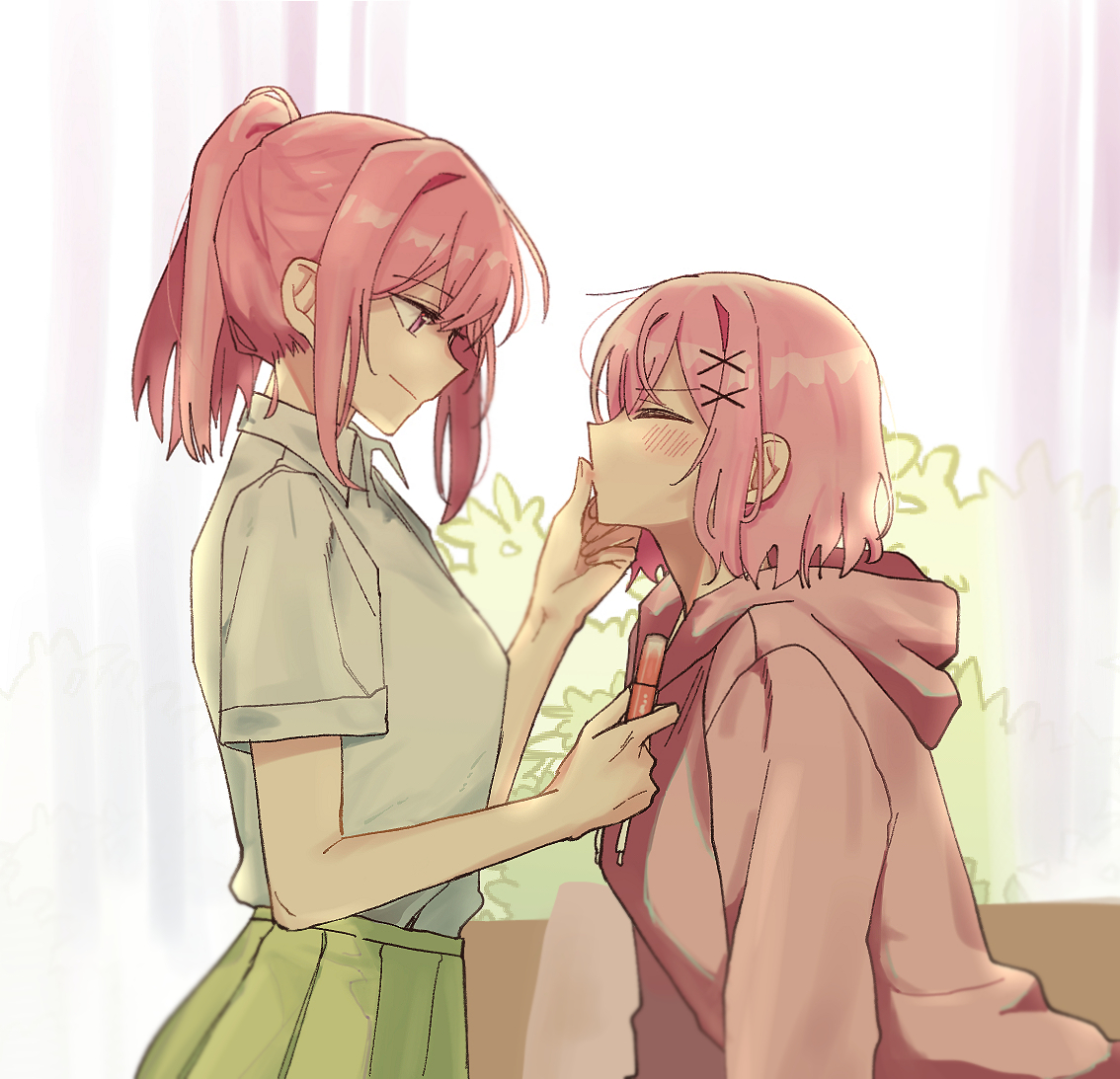 amaori haruna, amaori renako, watashi ga koibito ni nareru wake naijan murimuri!, 2girls, blush, closed eyes, cosmetics, finger to another's mouth, green skirt, hair ornament, hood, hoodie, lipstick tube, multiple girls, pink eyes, pink hair, pink hoodie, ponytail, shirt, siblings, sisters, skirt, tissut 0123, white shirt, x hair ornament