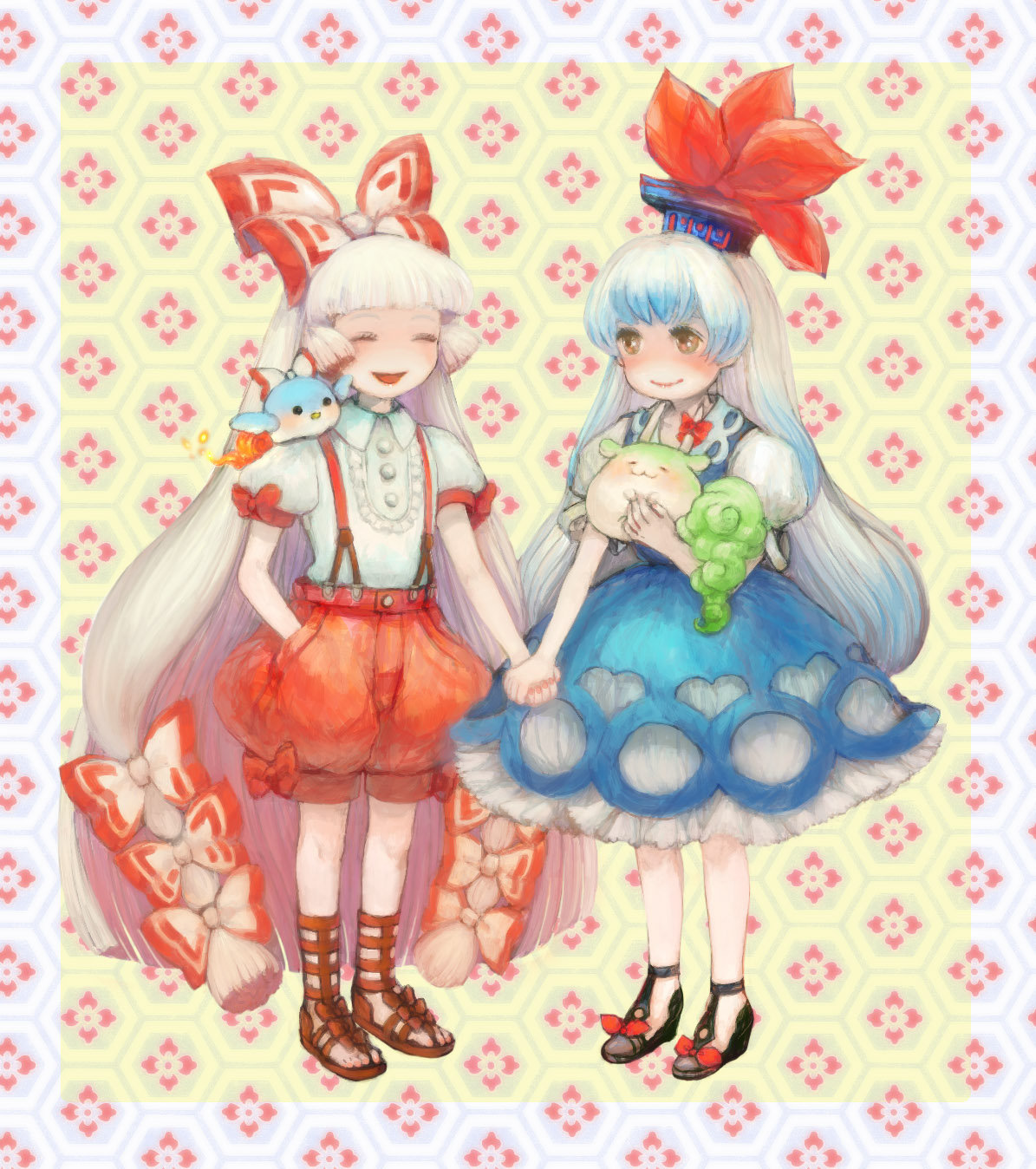 yuyayuyo, ex-keine, fujiwara no mokou, fujiwara no mokou (phoenix), kamishirasawa keine, sukusuku hakutaku, touhou, highres, 2girls, :3, aged down, dual persona, female focus, gladiator sandals, holding hands, multiple girls, sandals