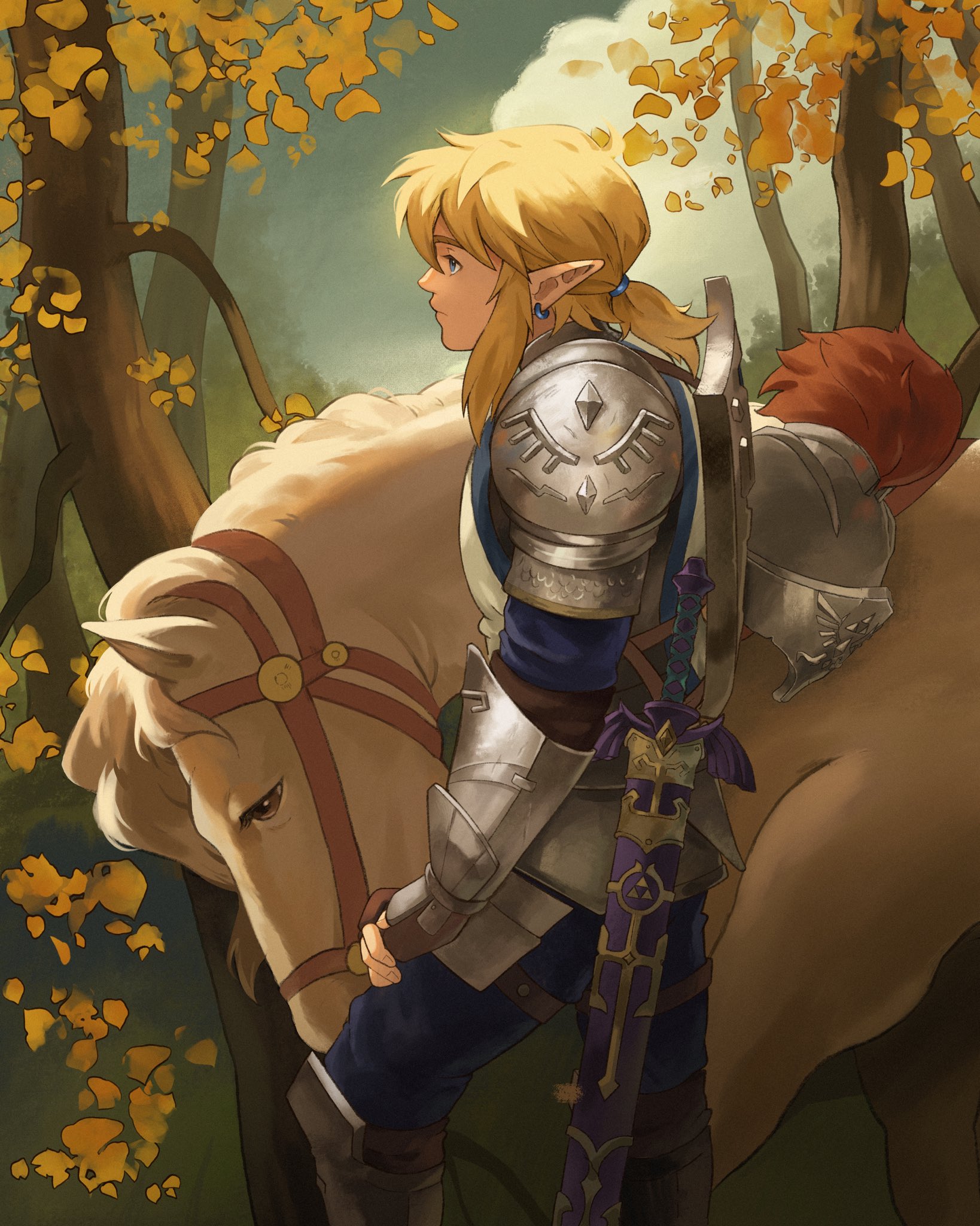 lavabun, link, nintendo, the legend of zelda, commentary, english commentary, highres, 1boy, animal, armor, blonde hair, blue pants, blue shirt, brown eyes, closed mouth, cloud, faulds, feet out of frame, forest, hair intakes, helmet, horse, knight, long pointy ears, male focus, nature, outdoors, pants, pauldrons, plume, pointy ears, ponytail, profile, reins, shield, shield on back, shirt, shoulder armor, sky, solo, sword, tree, unworn headwear, unworn helmet, weapon