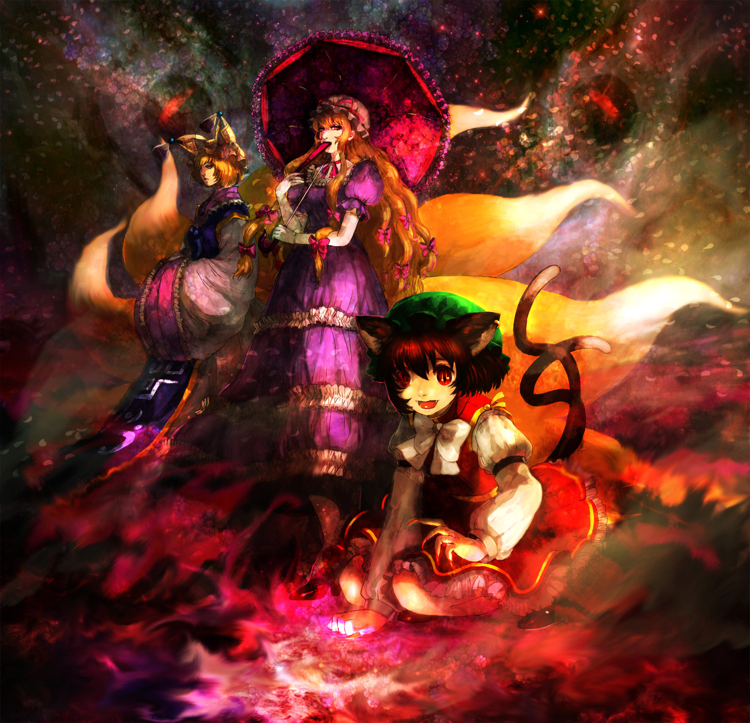 yuyayuyo, chen, yakumo ran, yakumo yukari, touhou, highres, 3girls, animal ears, animal hat, blonde hair, bow, bowtie, brown hair, cat ears, cat girl, cat tail, choker, covering own mouth, dress, elbow gloves, fangs, female focus, fingernails, folding fan, fox tail, gloves, glowing, hair bow, hand fan, hands in opposite sleeves, hat, long fingernails, long hair, long sleeves, mob cap, multiple girls, open mouth, parasol, petals, purple dress, red eyes, ribbon choker, short hair, slit pupils, squatting, standing, tail, tassel, umbrella, wide sleeves