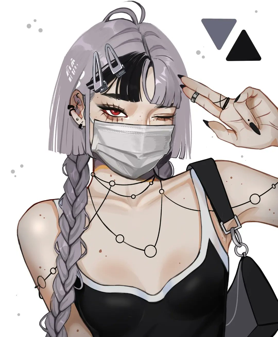 zeebythesea, original, highres, 1girl, aegyo sal, alternate hairstyle, asian, bag, black bag, black eyeliner, black nails, black streaks, black tank top, bob cut, braid, breasts, choppy bangs, ear piercing, eyelashes, eyeliner, fingernails, hair behind ear, hair ornament, hair over shoulder, hairclip, handbag, jellyfish cut, jewelry, kira (zeebythesea), long fingernails, long hair, looking at viewer, makeup, mask, mole, mole on arm, mole on breast, mole on neck, mole on nose, mouth mask, multicolored hair, multiple moles, multiple rings, necklace, one eye closed, piercing, red eyes, ring, salute, shoulder bag, shoulder necklace, single hair streak, small breasts, streetwear, tank top, thick eyebrows, triangle, twin braids, two-finger salute, two-tone hair, upper body, white background, white hair, white mask, white trim