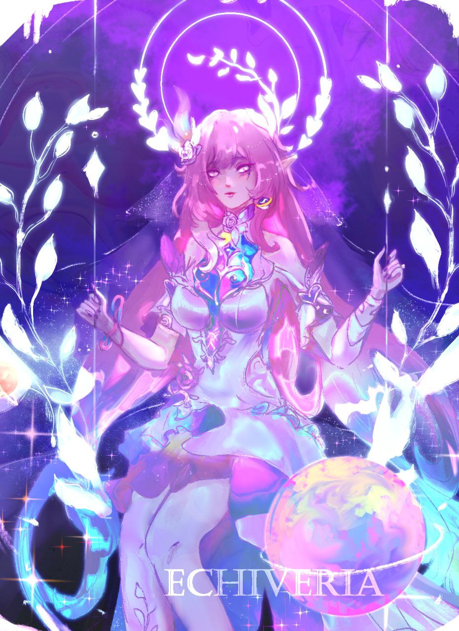 cyrene (honkai: star rail), cyrene (ripples of past reverie) (honkai: star rail), honkai: star rail, honkai (series), hashtag-only commentary, highres, 1girl, aqua hair, artist name, bare shoulders, breasts, dress, earrings, echiveria, flower, gradient hair, hair flower, hair ornament, halo, jewelry, large breasts, long hair, looking at viewer, multicolored hair, on swing, pantyhose, pink hair, purple eyes, solo, swing, very long hair, white dress, white hair, white pantyhose