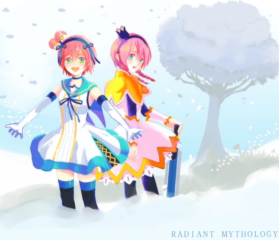 m (pixiv9151), kanonno earhart, pasca kanonno, alfa system, tales of (series), tales of the world, tales of the world radiant mythology, tales of the world radiant mythology 2, black neckwear, bad id, bad pixiv id, 2girls, blue sailor collar, copyright name, dress, green eyes, multiple girls, pink hair, sailor collar, sword, thighhighs, time paradox, weapon