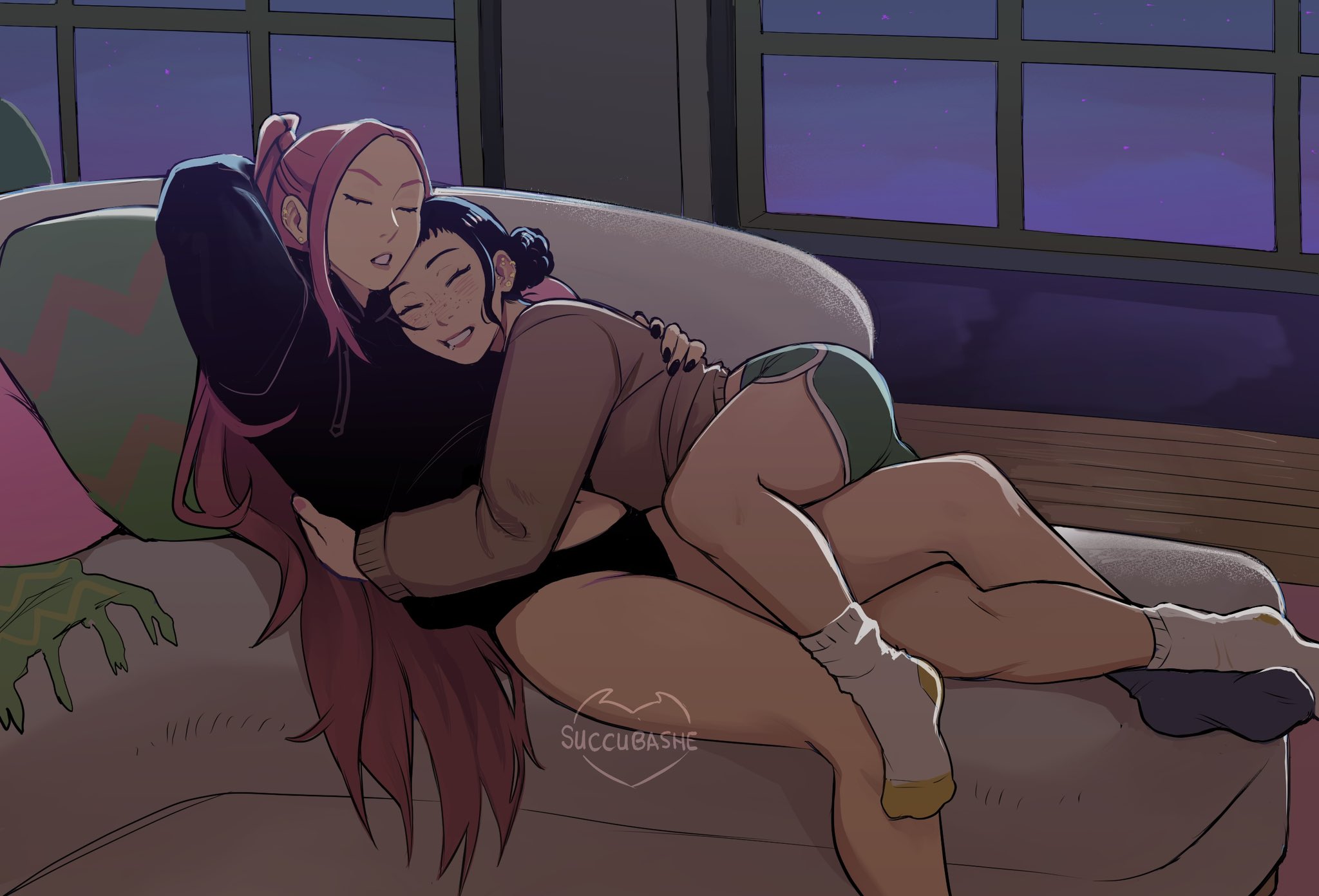 malevolent lxix, mira (kpop demon hunters), zoey (kpop demon hunters), kpop demon hunters, highres, 2girls, arm behind head, black hair, black nails, black panties, couch, cuddling, dolphin shorts, hug, long hair, multiple girls, on couch, panties, pillow, pink hair, shorts, sleeping, socks, sweater, thighs, underwear, very long hair, window, yuri