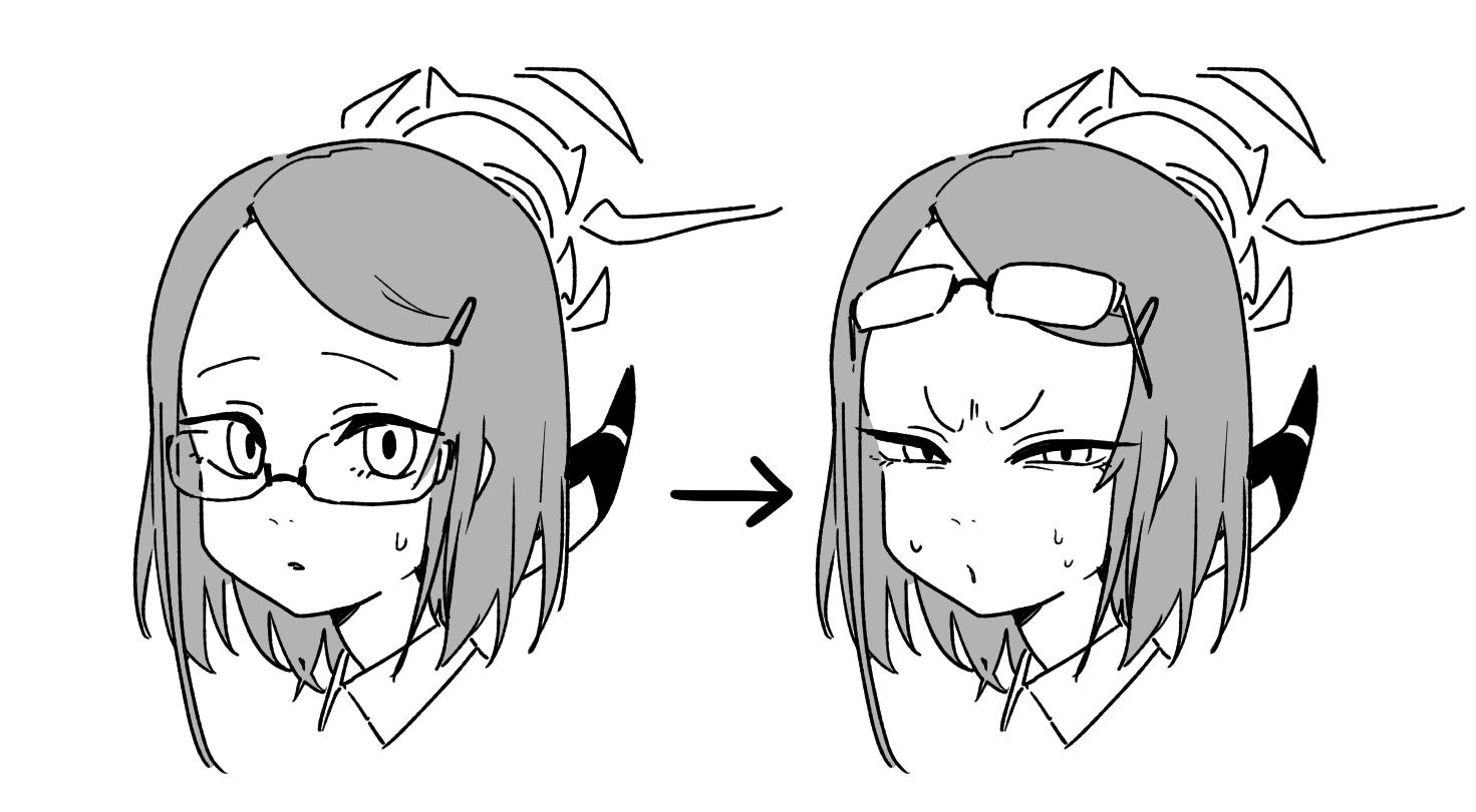 asahina yoshitoshi, aru (blue archive), blue archive, 1girl, arrow (symbol), closed mouth, eyewear on head, glasses, greyscale, halo, horns, looking at viewer, monochrome, multiple views, portrait, short hair, simple background, squinting, white background