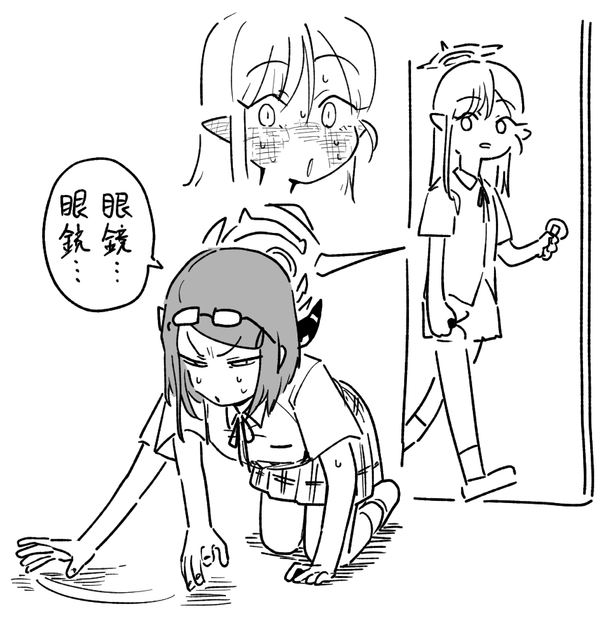 asahina yoshitoshi, aru (blue archive), mutsuki (blue archive), blue archive, translation request, 2girls, afterimage, all fours, blush, ear blush, eyewear on head, glasses, greyscale, halo, horns, long hair, monochrome, multiple girls, pointy ears, shirt, short hair, short sleeves, skirt, speech bubble, squinting, walking, white background