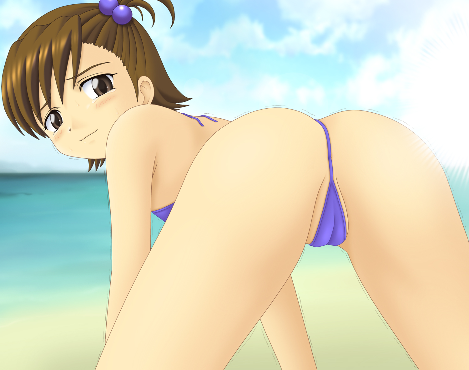 koneko houseeuh, futami mami, idolmaster, idolmaster (classic), namco, 00s, all fours, ass, bent over, bikini, cameltoe, hair bobbles, hair ornament, swimsuit, thong bikini, trembling