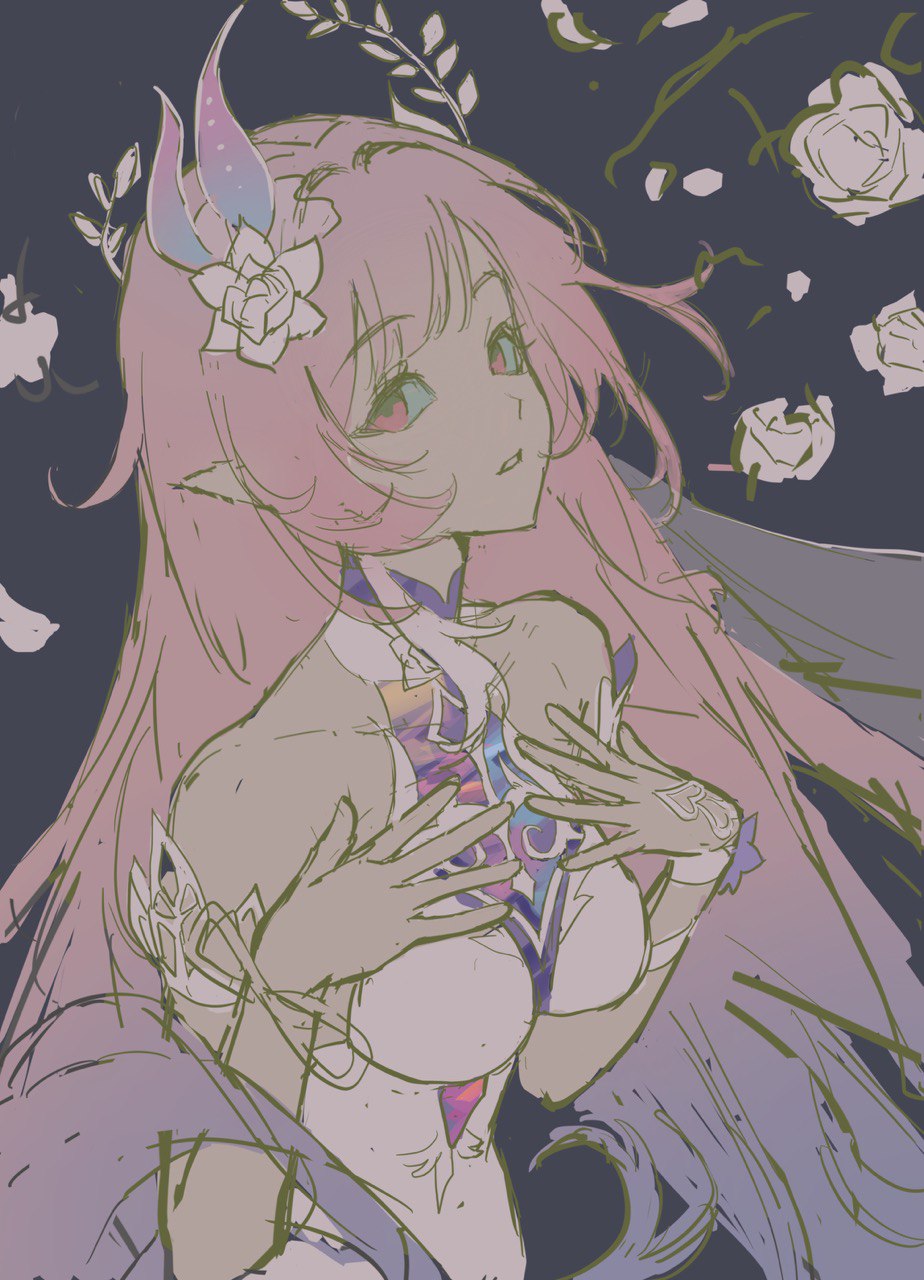 cyrene (honkai: star rail), cyrene (ripples of past reverie) (honkai: star rail), honkai: star rail, honkai (series), hashtag-only commentary, highres, 1girl, bare shoulders, breasts, dress, flower, grey background, gsga193413, hair flower, hair ornament, large breasts, long hair, looking at viewer, parted lips, pink hair, pointy ears, purple eyes, rose, simple background, solo, very long hair, white dress, white flower, white rose