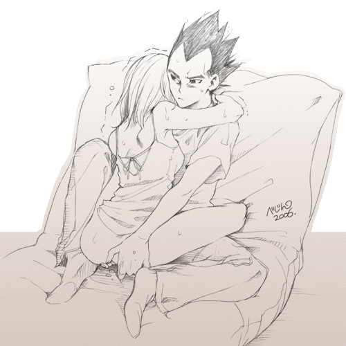 bejin, bulma, vegeta, dragon ball, dragonball z, lowres, 1boy, 1girl, 2006, :/, arms around neck, artist name, ass, back, bare shoulders, blush, clothed sex, couple, dated, embarrassed, fingering, greyscale, hetero, hug, monochrome, no panties, sex, short sleeves, shoulder blades, signature, spiked hair, straddling, sweat, transparent background, trembling, upright straddle, vaginal