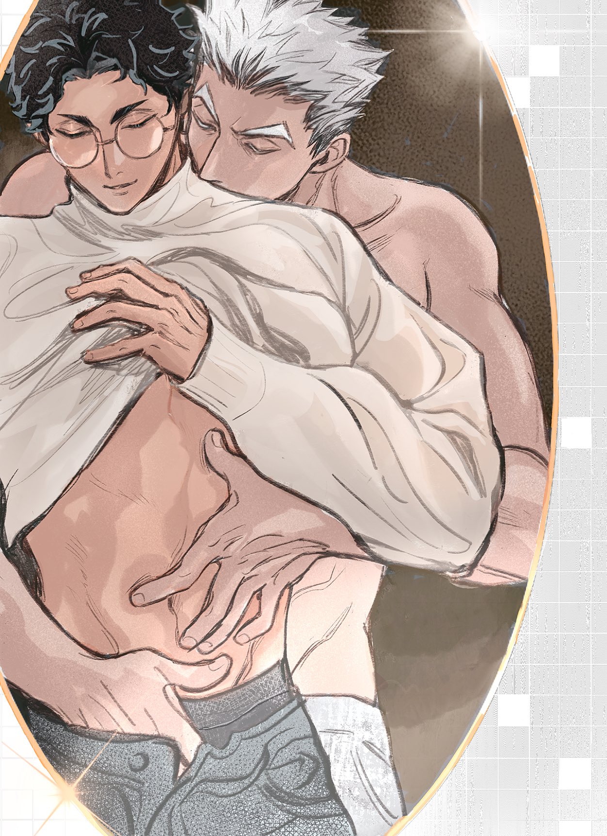 koukiki9, akaashi keiji, bokuto koutarou, haikyuu!!, highres, 2boys, black hair, black male underwear, closed eyes, closed mouth, glasses, hand on another's stomach, hug, hug from behind, lifting own clothes, long sleeves, male focus, male underwear, multiple boys, open fly, open pants, pants, round eyewear, short hair, topless male, underwear, white hair, white pants, yaoi
