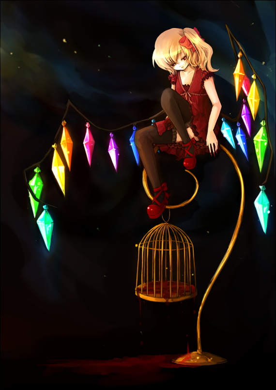 hanada hyou, flandre scarlet, touhou, bad id, bad pixiv id, 1girl, alternate costume, ankle lace-up, black thighhighs, blonde hair, blood, bow, cage, dark, dress, female focus, frills, hair bow, no headwear, side ponytail, sitting, sitting on object, solo, thighhighs