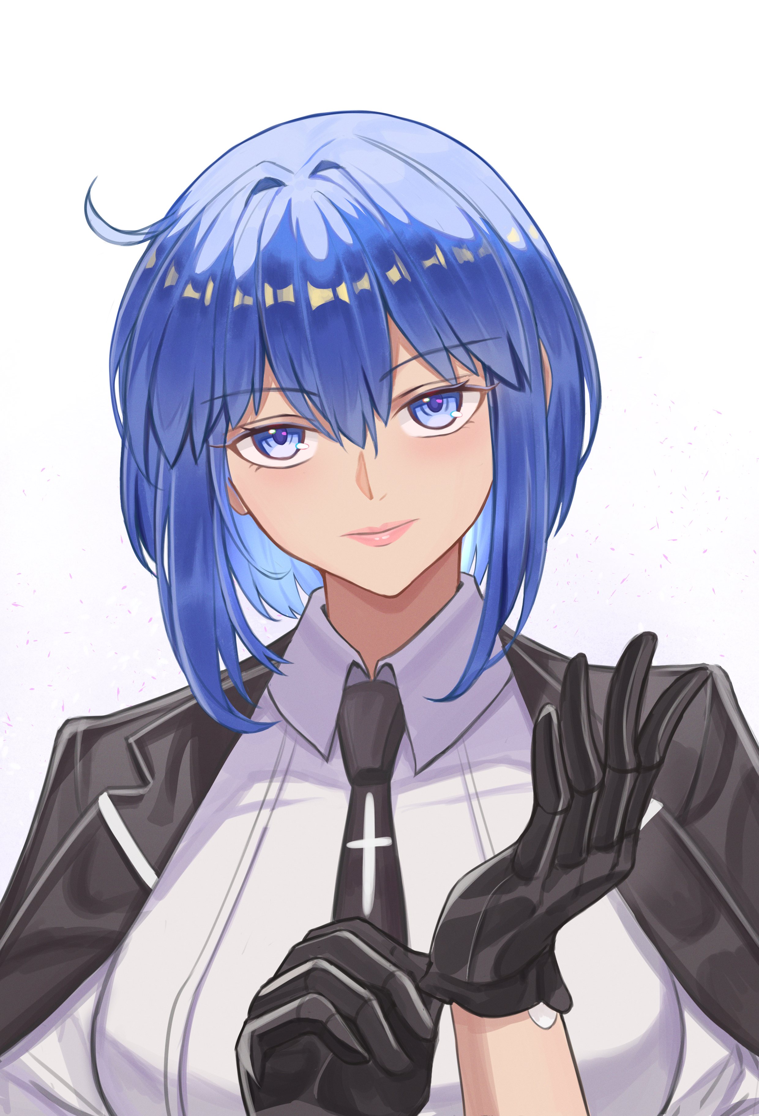 kaworu13, ciel-sensei (fate), ciel (tsukihime), fate/grand order, fate (series), tsukihime, tsukihime (remake), c.i.e.l (fate), absurdres, chinese commentary, commentary, highres, 1girl, black gloves, black jacket, blue eyes, blue hair, breasts, gloves, jacket, jacket on shoulders, large breasts, medium hair, no eyewear, pink lips, shirt, simple background, solo, upper body, white background, white shirt