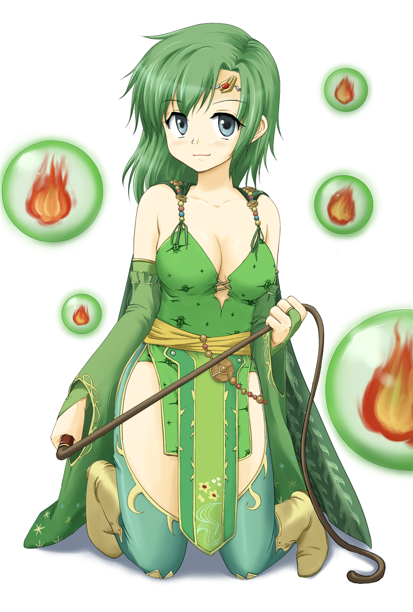 regdic, rydia (adult) (ff4), rydia (ff4), final fantasy, final fantasy iv, highres, 1990s (style), 1girl, aged up, boots, breasts, bridal gauntlets, cape, cleavage, female focus, green hair, green thighhighs, kneeling, magic, medium breasts, retro artstyle, short hair, smile, solo, thighhighs, whip, yellow boots
