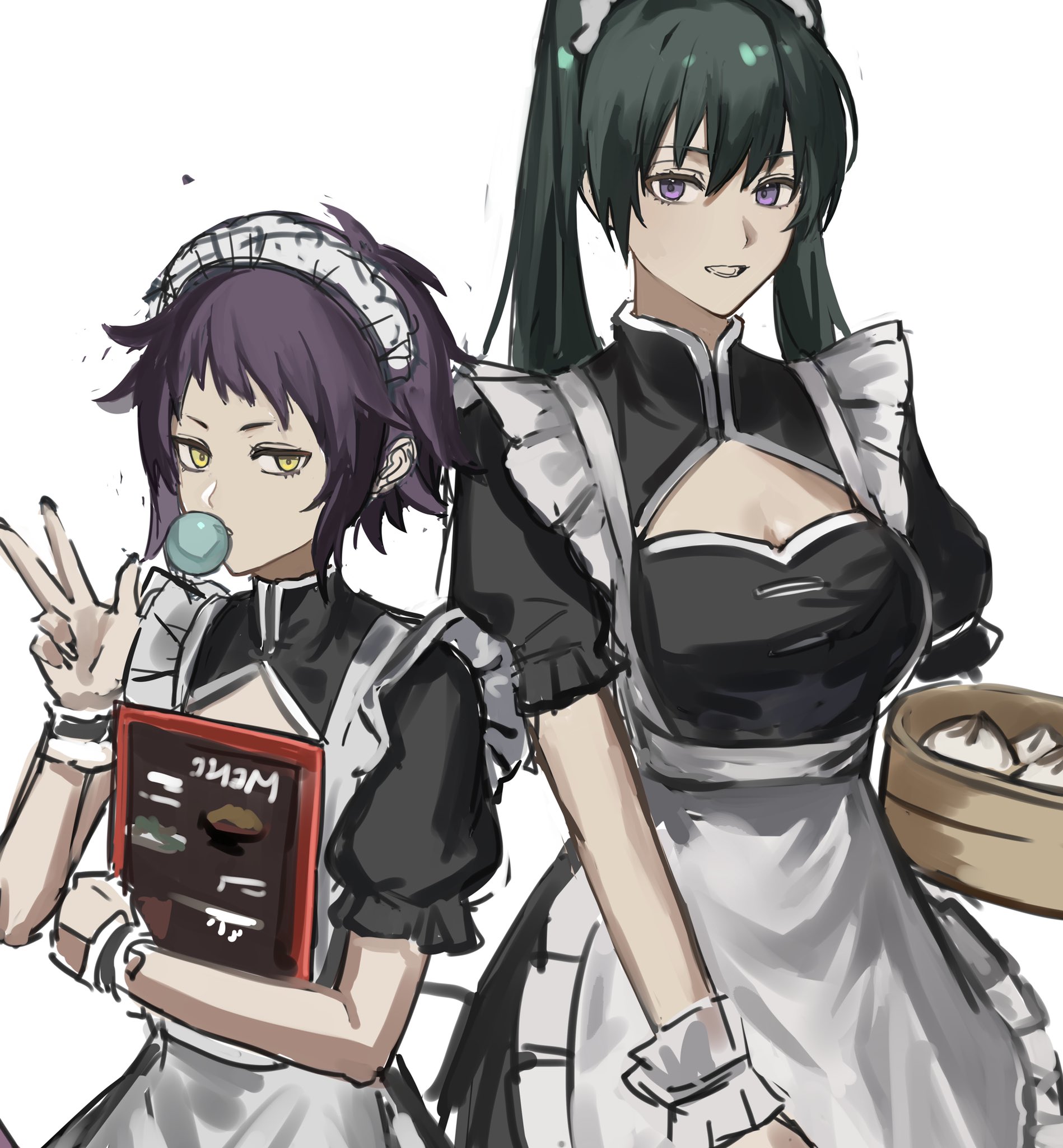 shachi ark, lenalee lee, road kamelot, d.gray-man, highres, 2girls, apron, black dress, black sleeves, blowing bubble gum, breasts, chewing gum, cleavage, cleavage cutout, clothing cutout, collared dress, dress, food, frilled dress, frilled wrist cuffs, frills, frown, green hair, grey ribbon, hair between eyes, hair ribbon, headdress, holding, holding menu, holding plate, juliet sleeves, long hair, long sleeves, looking at viewer, maid, maid apron, maid headdress, medium breasts, menu, menu board, messy hair, multiple girls, noah (d.gray-man), onigiri, parted bangs, parted lips, plate, puffy short sleeves, puffy sleeves, purple eyes, purple hair, ribbon, short hair, short sleeves, sidelocks, simple background, striped clothes, striped dress, twintails, v, vertical-striped clothes, vertical-striped dress, white apron, white background, white headdress, white wrist cuffs, wrist cuffs, yellow eyes