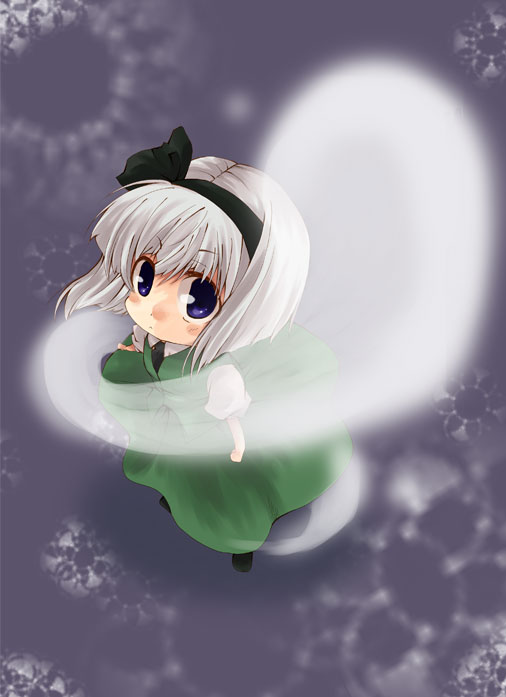 io (pixiv134216), konpaku youmu, konpaku youmu (ghost), touhou, silver hair, 1girl, blue eyes, blunt bangs, dress, female focus, from above, ghost, green dress, hitodama, looking at viewer, looking up, short hair, short sleeves, solo, standing, transparent