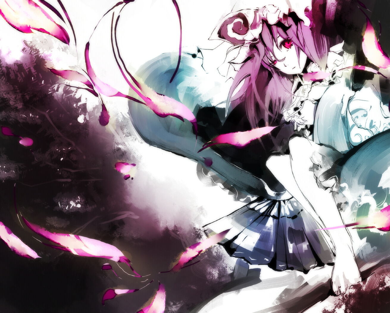 dain, saigyouji yuyuko, touhou, bad id, bad pixiv id, 1girl, animal, blush, bug, butterfly, colored skin, dutch angle, female focus, hat, japanese clothes, kimono, long sleeves, looking at viewer, mob cap, pink hair, short hair, sitting, solo, triangular headpiece, white skin